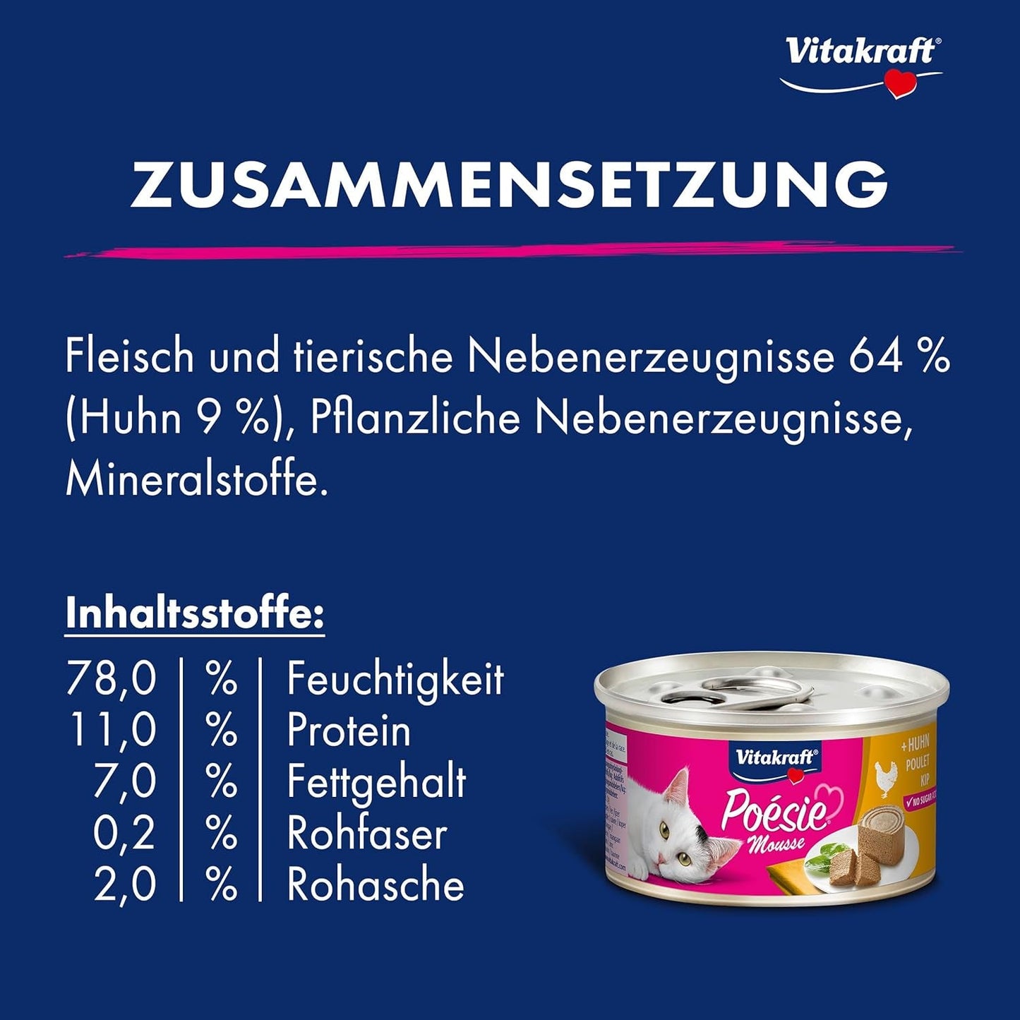Vitakraft Poésie Mousse, cibo umido per gatti, schiuma ariosa, con pollo, senza zuccheri o cereali aggiunti (12 x 85 g)