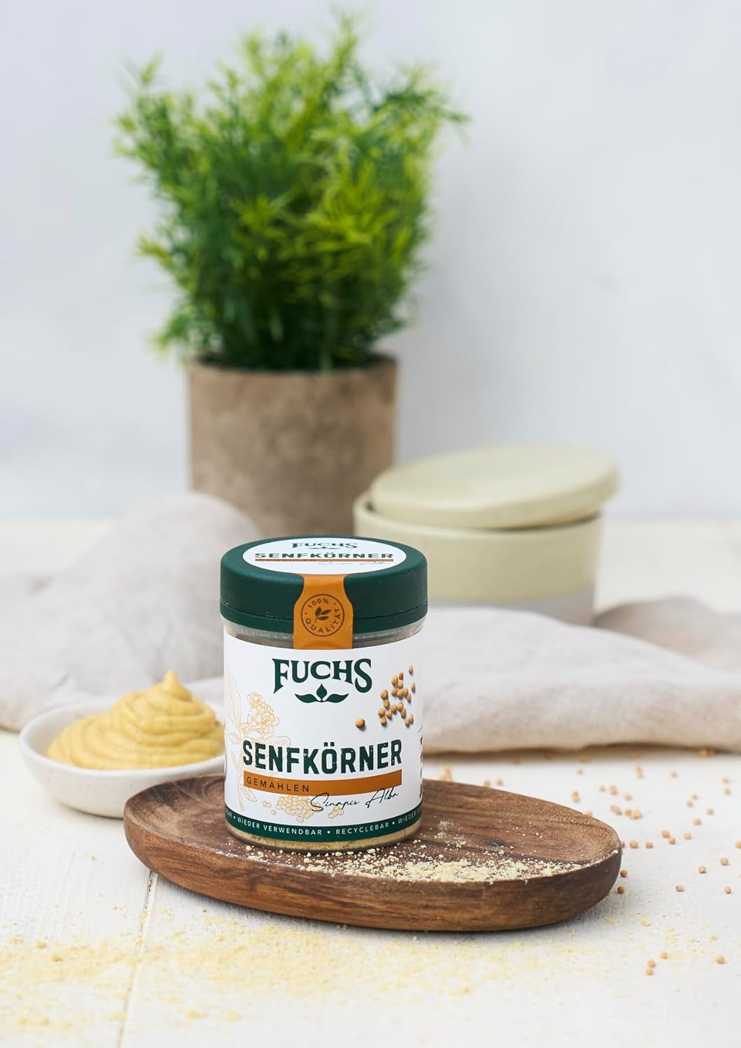 Fuchs Gewürze - Senfkörner gemahlen - für die Zubereitung von Rubs, zum Verfeinern von Suppen und Saucen - ingredienti naturali - 45 g in wiederverwendbarer, recyclebarer Dose