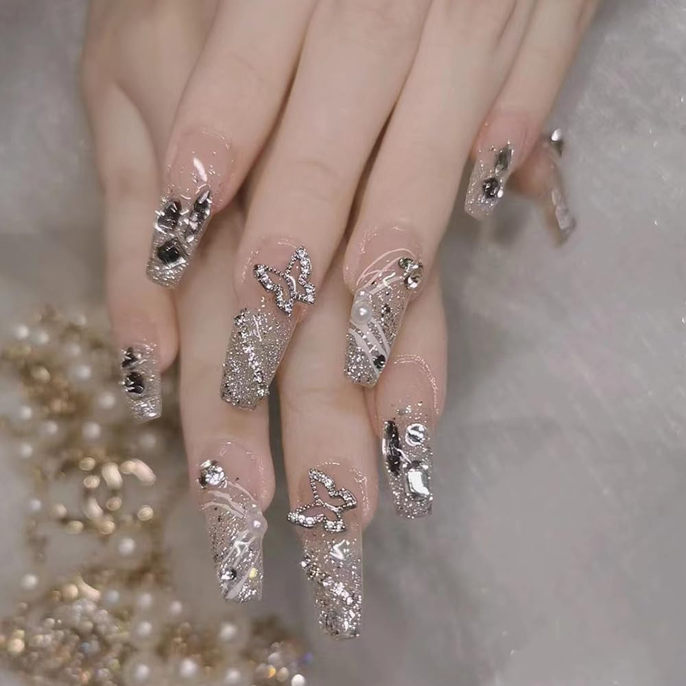 Set unghie finte adesive - Unghie finte francesi - 24 pezzi Design quadrato corto Unghie artificiali con sfumatura rosa bianca e manicure con ballerina (Short Pink Gradient)