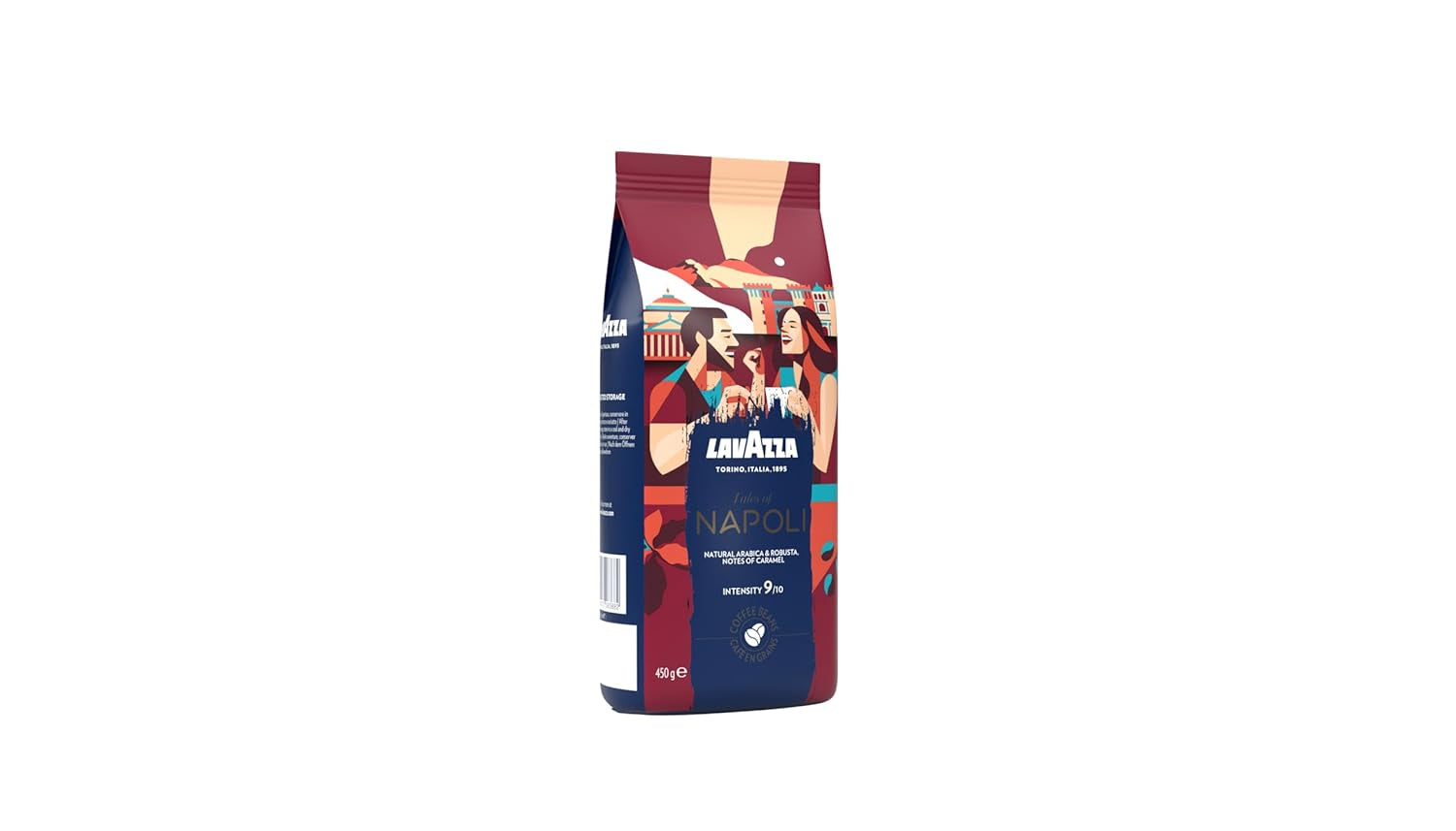 Lavazza, Tales of Napoli, caffè in grani, ideale per macchine espresso, con note aromatiche di cacao e caramello, Arabica e Robusta, intensità 9/10, tostatura intensa, 450 g