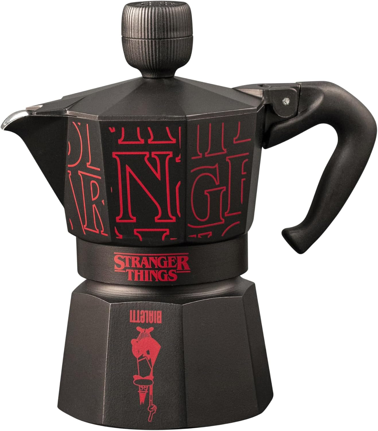 Bialetti Moka Express Stranger Things Caffettiera da 3 tazze, Tasto musica con funzione di ricarica USB-C, Non adatta ai piani cottura a induzione, 3 tazze (130 ml), Nero