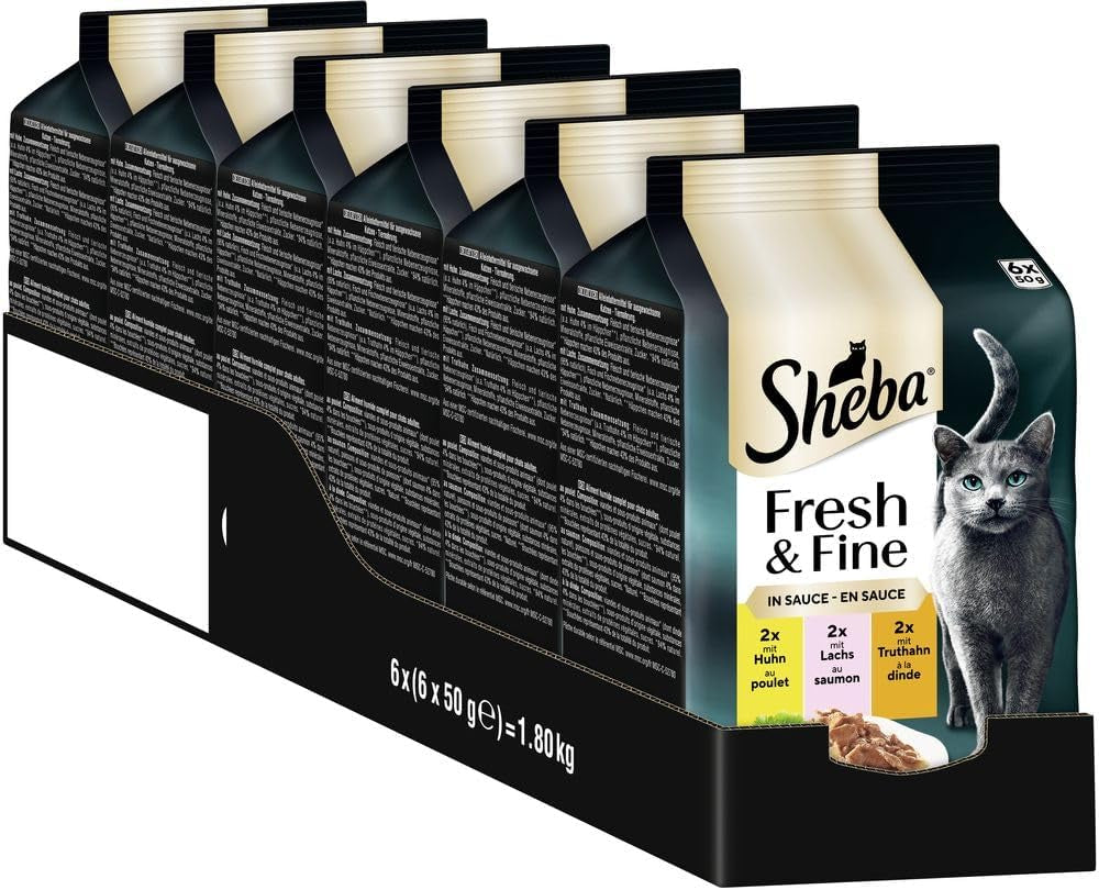 Sheba Portion Pouches Cibo umido per gatti, confezione multipack Fresh & Fine in salsa con pollo e salmone MSC, 6x6x50g - Piatti fini per gatti in salsa