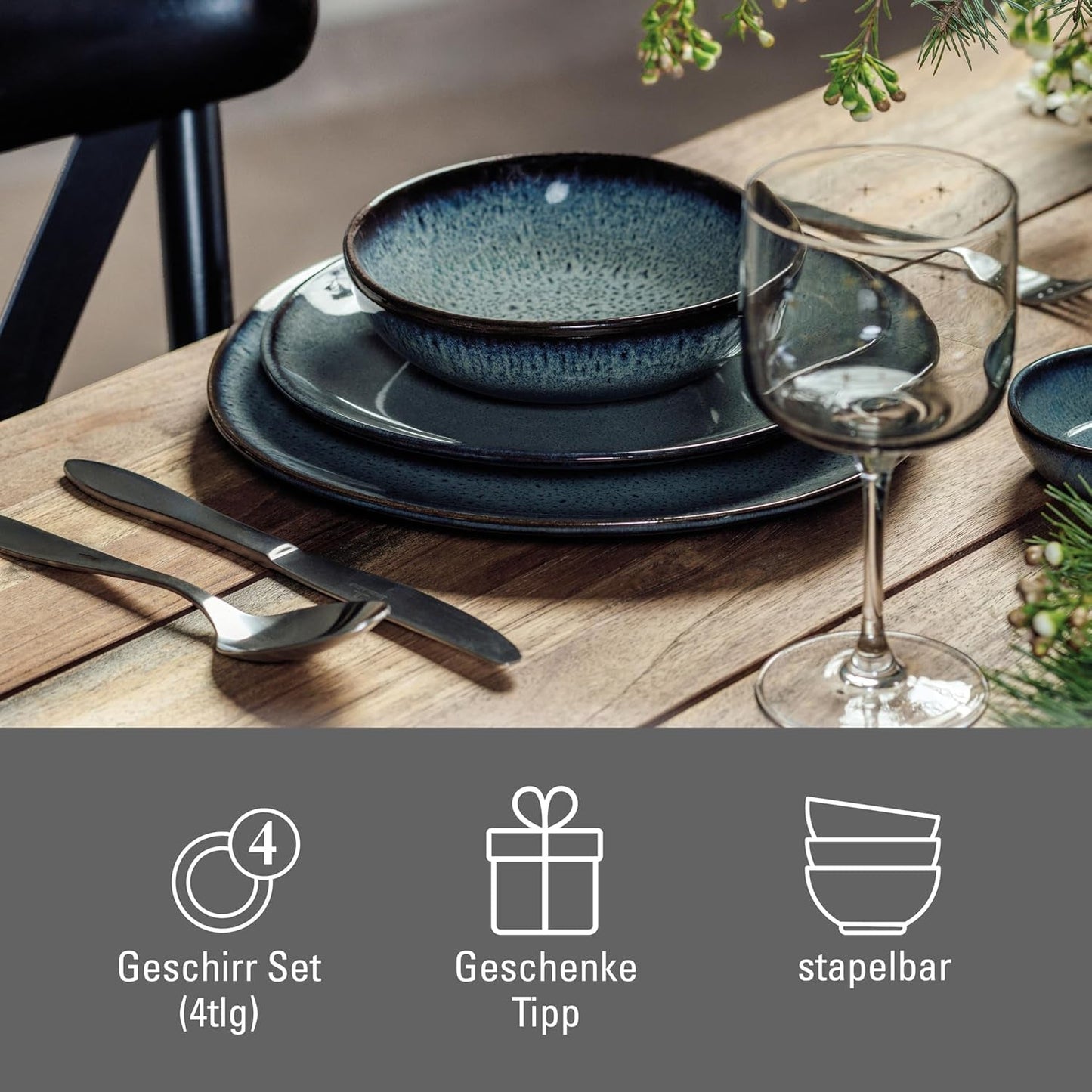 Piace. de Villeroy & Boch - Servizio da tavola in gres Lave Gris, 4 pezzi, aspetto ceramica, servizio da tavola per 2, grigio