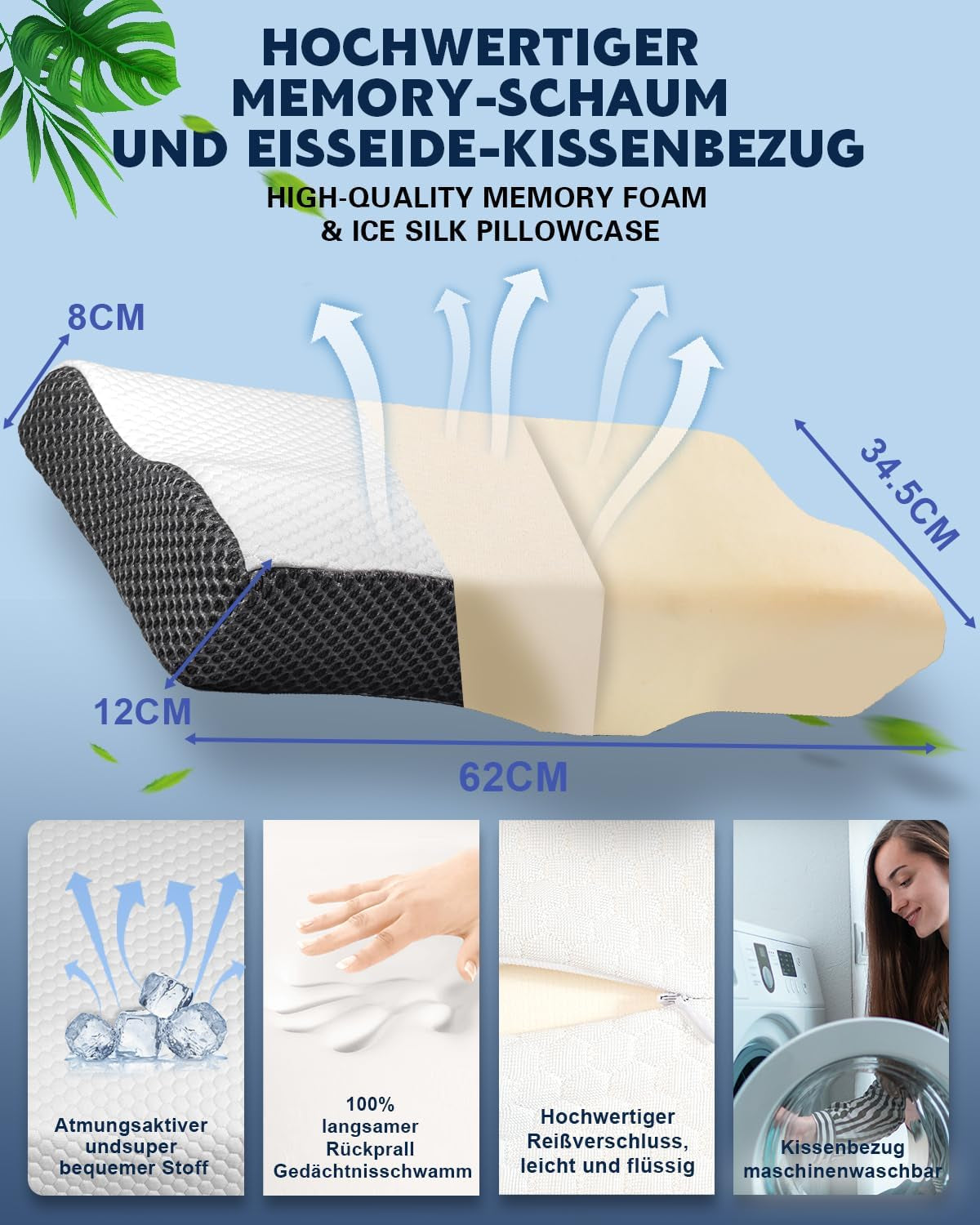 Cuscino IDEA, Cuscino ortopedico ergonomico per dolori al collo, Cuscino in memory foam per chi dorme sul fianco, sulla schiena e sull'addome, Cuscino antirussamento per uomini e donne (62 * 34,5 * 12/8 CM) Cuscini ortopedici cervicali Naty Shop