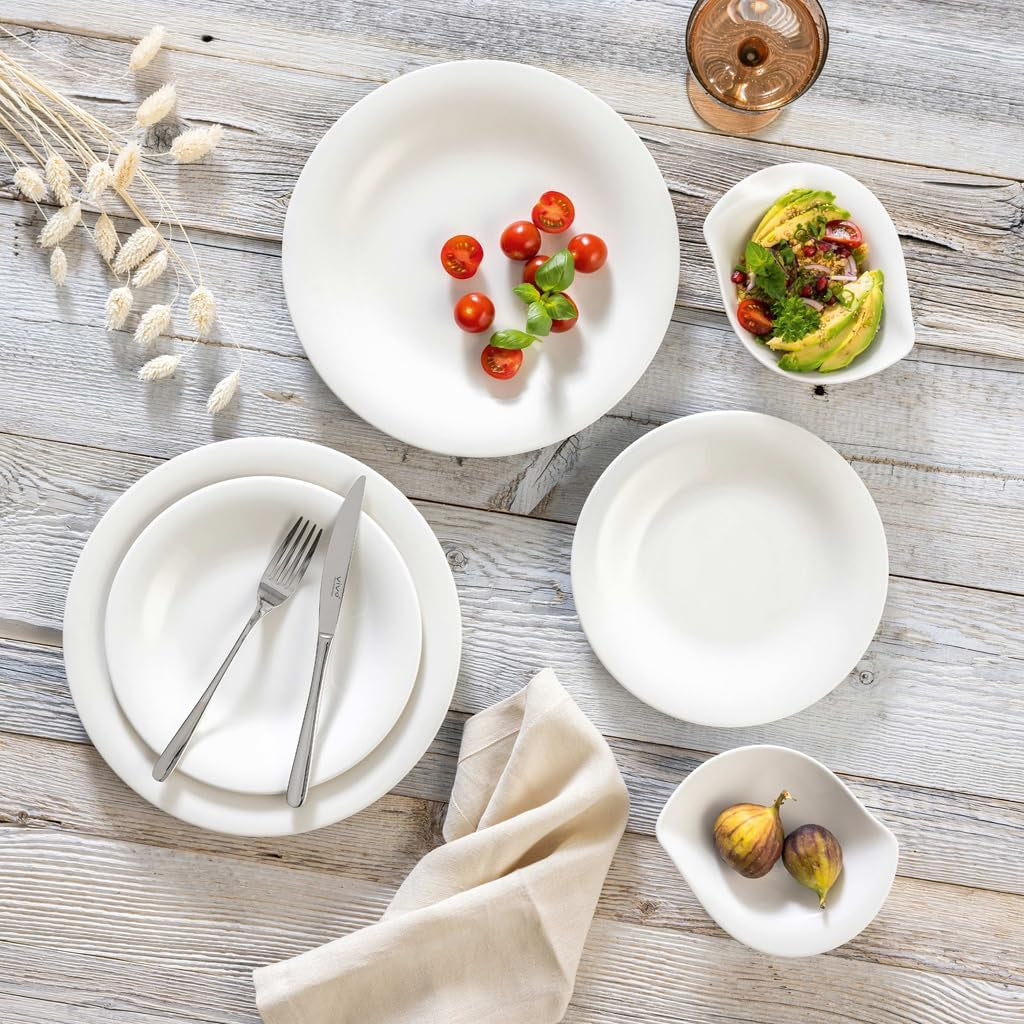 vivo - Villeroy & Boch Group – Servizio Piatti Essential Bianco 18 tlg. Weiß, Spülmaschinenfest, Mikrowellensicher, Geschirr Set für 6 Personen, Müslischalen, Speiseteller, Dessertteller, Premium Porzellan