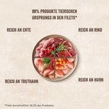 Shelma Cibo umido per gatti Megapack con manzo, tacchino, pollo e anatra - Alimento completo senza cereali ad alto contenuto di carne - 40 x 85 g (3,4 kg)