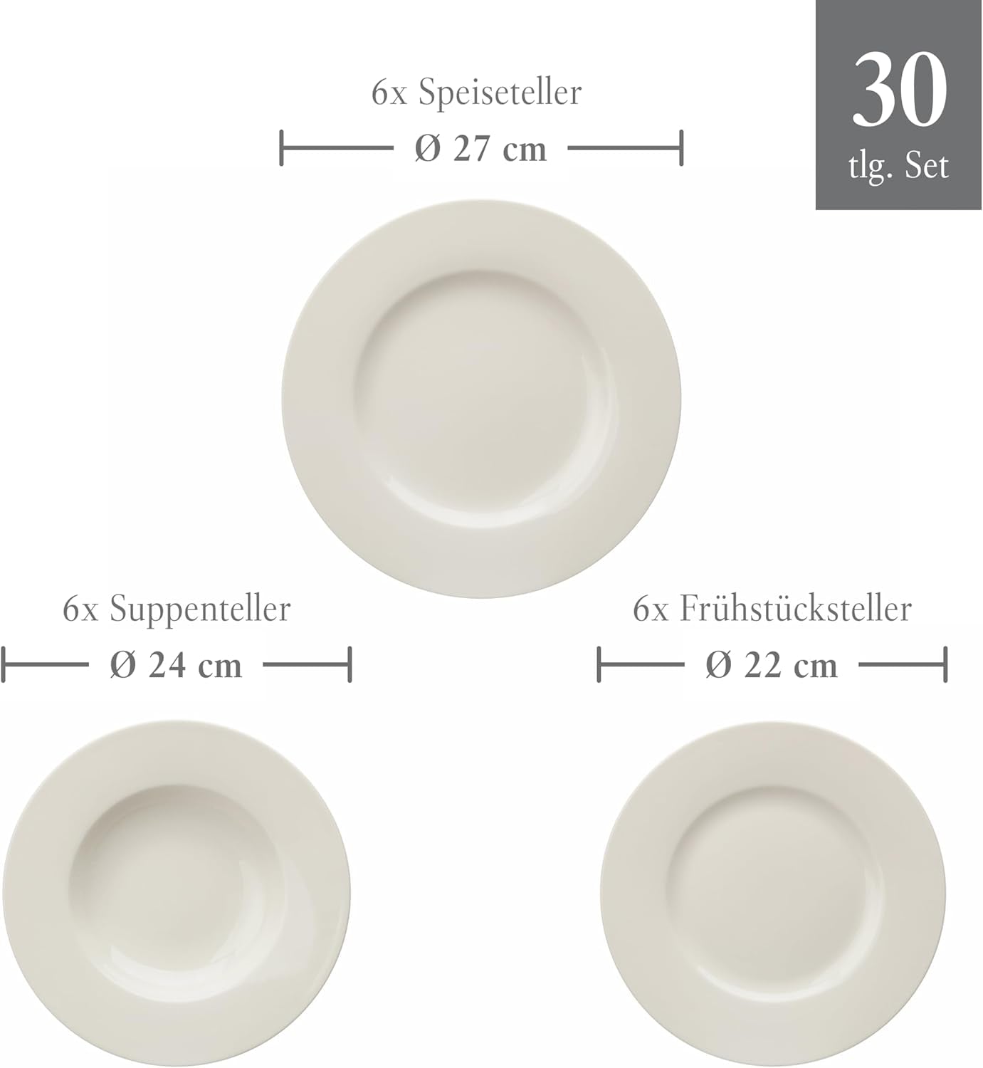vivo - Villeroy & Boch Group - Servizio da tavola Basic White da 30 pezzi, lavabile in lavastoviglie e adatto al microonde, Servizio da tavola bianco, Servizio da caffè, Ceramica, Piatti, Tazze, Porcellana Premium