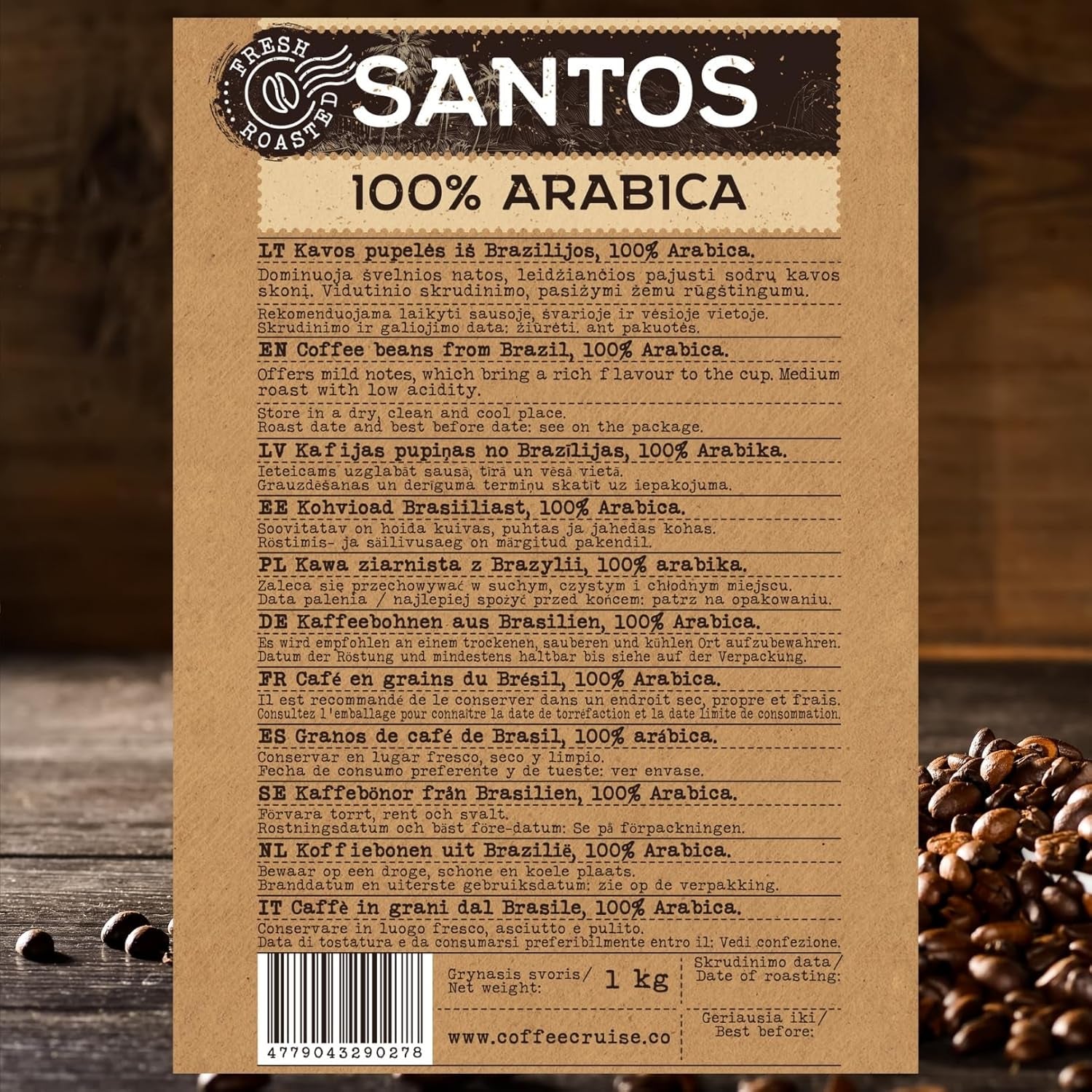 COFFEE CRUISE Santos Kaffeebohnen 1kg - Mittlere Röstung - Aroma Caramel - Für All Kaffeemaschinen - 100% Arabica