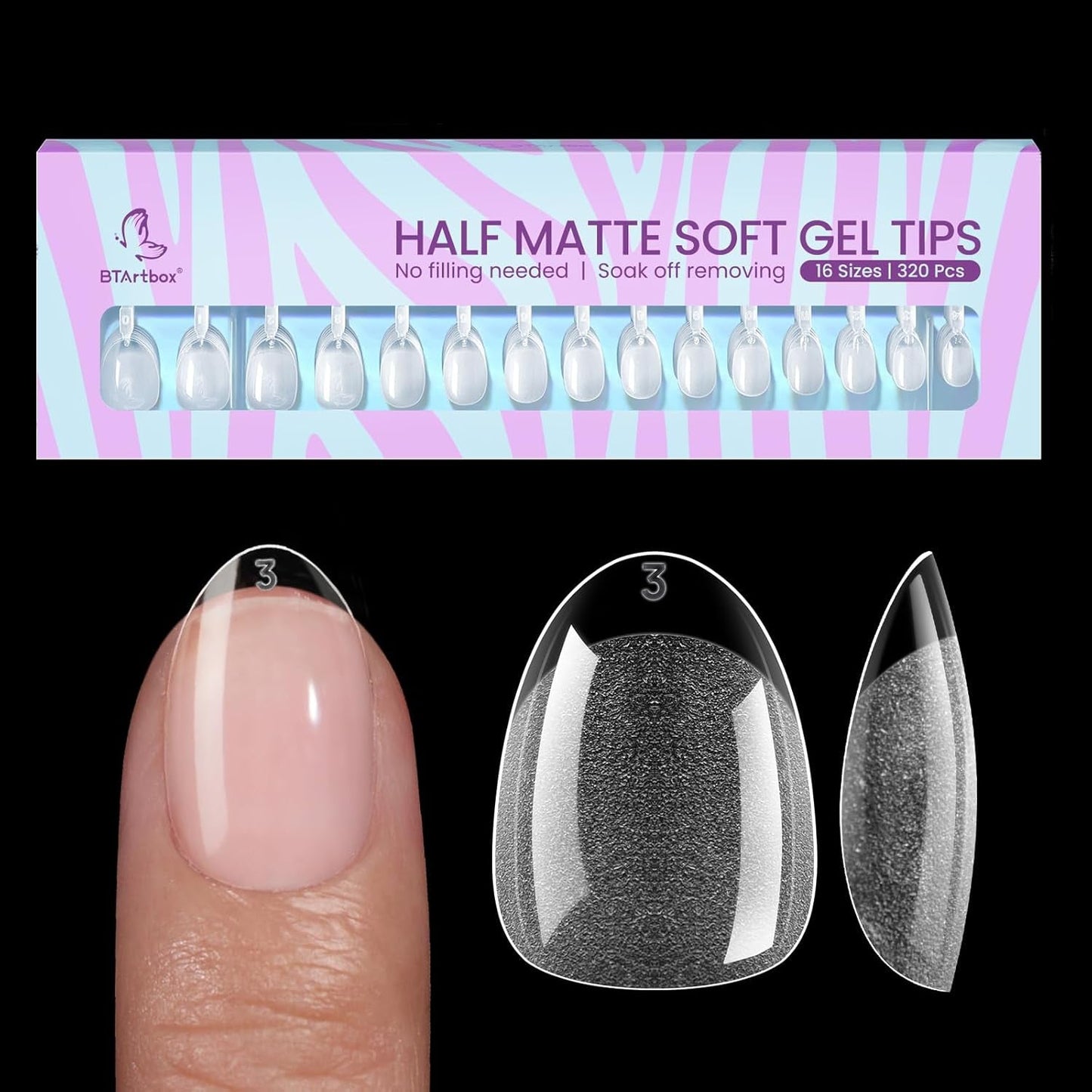Btartbox Punte per unghie a mandorla extra corte - Gel a copertura totale X Punte per unghie in gel morbide XS - Semi-opache preformate per salone per unghie larghe 320 pezzi
