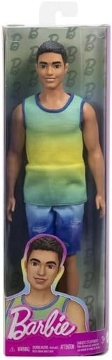Ken Barbie Fashionistas bambola n. 236 con capelli neri, canotta verde acqua sfumata, shorts in denim e scarpe da ginnastica argentate, HYV00