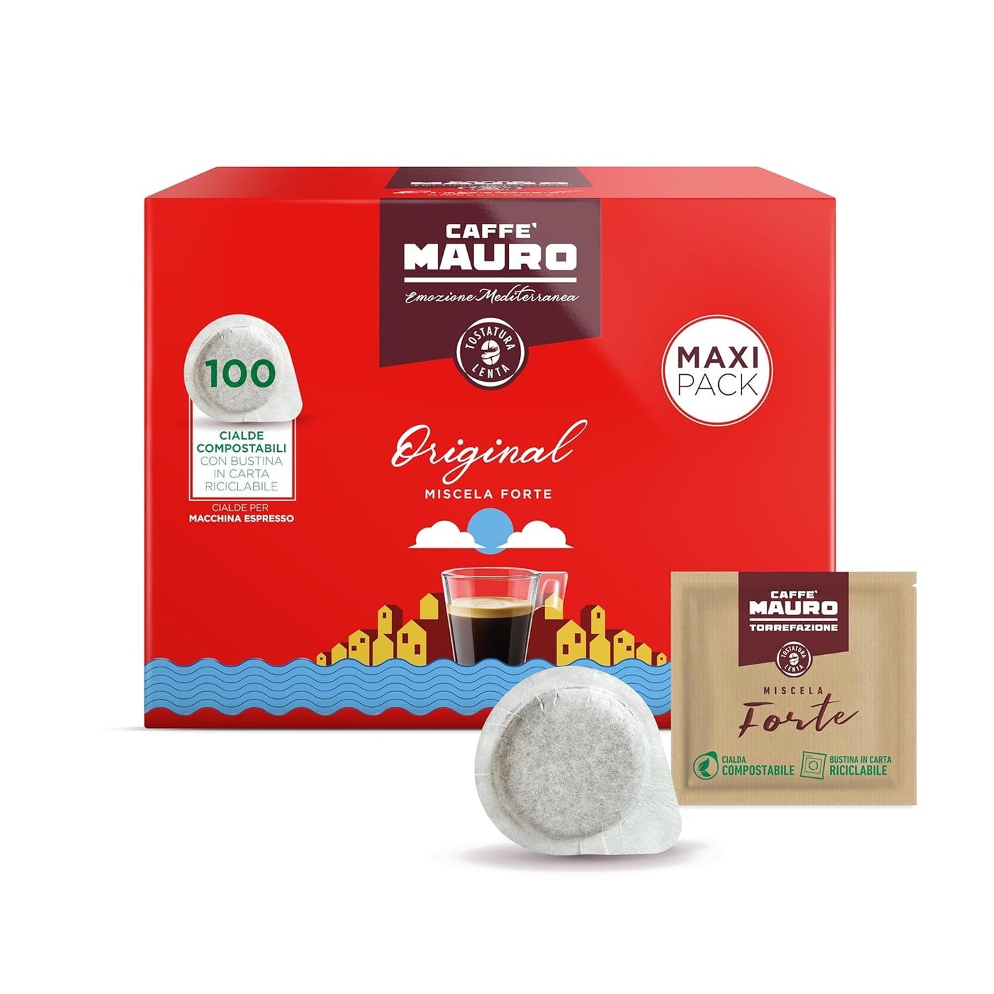 Caffè Mauro Torrefazione Kaffee Kompostierbare Pods, Recyclebare Verpackung, Original Mischung - 100 pezzi - Intensità 10/10 - Compatibile con sistema ESE Tamponi in carta 44 mm