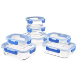 Amazon Basics Contenitori per alimenti con coperchi ermetici in vetro Set da 14 pezzi Senza BPA 7 contenitori e 7 coperchi trasparenti con nastro in silicone blu Naty Shop Scatole per alimenti Set da 14 pezzi