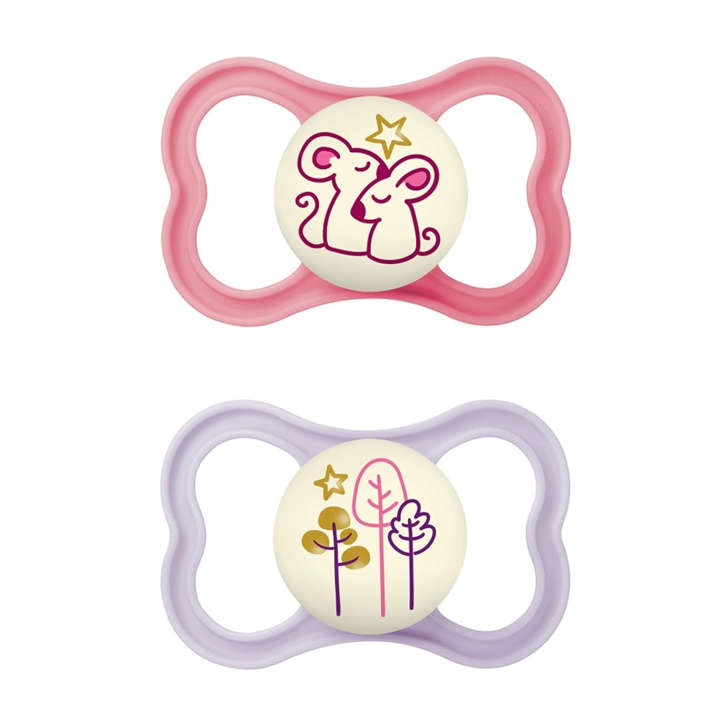 Succhietti in silicone MAM Air, confezione da 2, design extra leggero e arioso, succhietto per bambini adatto ai denti, in silicone speciale MAM SkinSoft con scatola per ciuccio, 6-16 mesi, orsetto/rinoceronte