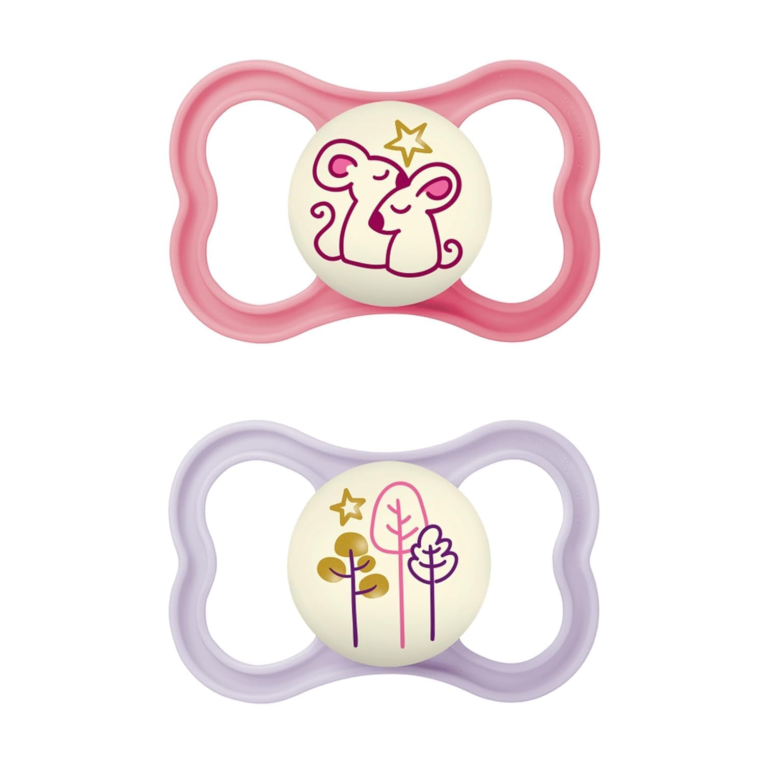 Succhietti in silicone MAM Air, confezione da 2, design extra leggero e arioso, succhietto per bambini adatto ai denti, in silicone speciale MAM SkinSoft con scatola per ciuccio, 6-16 mesi, orsetto/rinoceronte