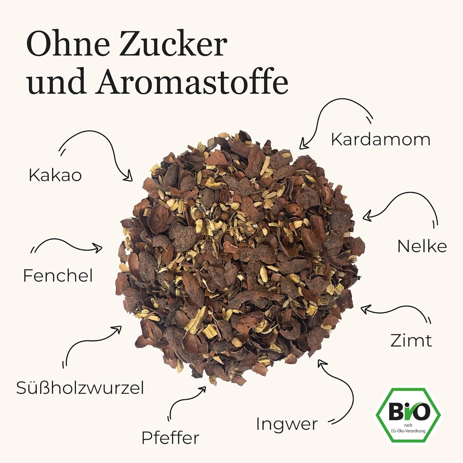 Tè speziato BIO Schoko Chai senza zucchero, con baccelli di cacao, cannella, liquirizia e altre spezie aromatiche Chai, 100 g