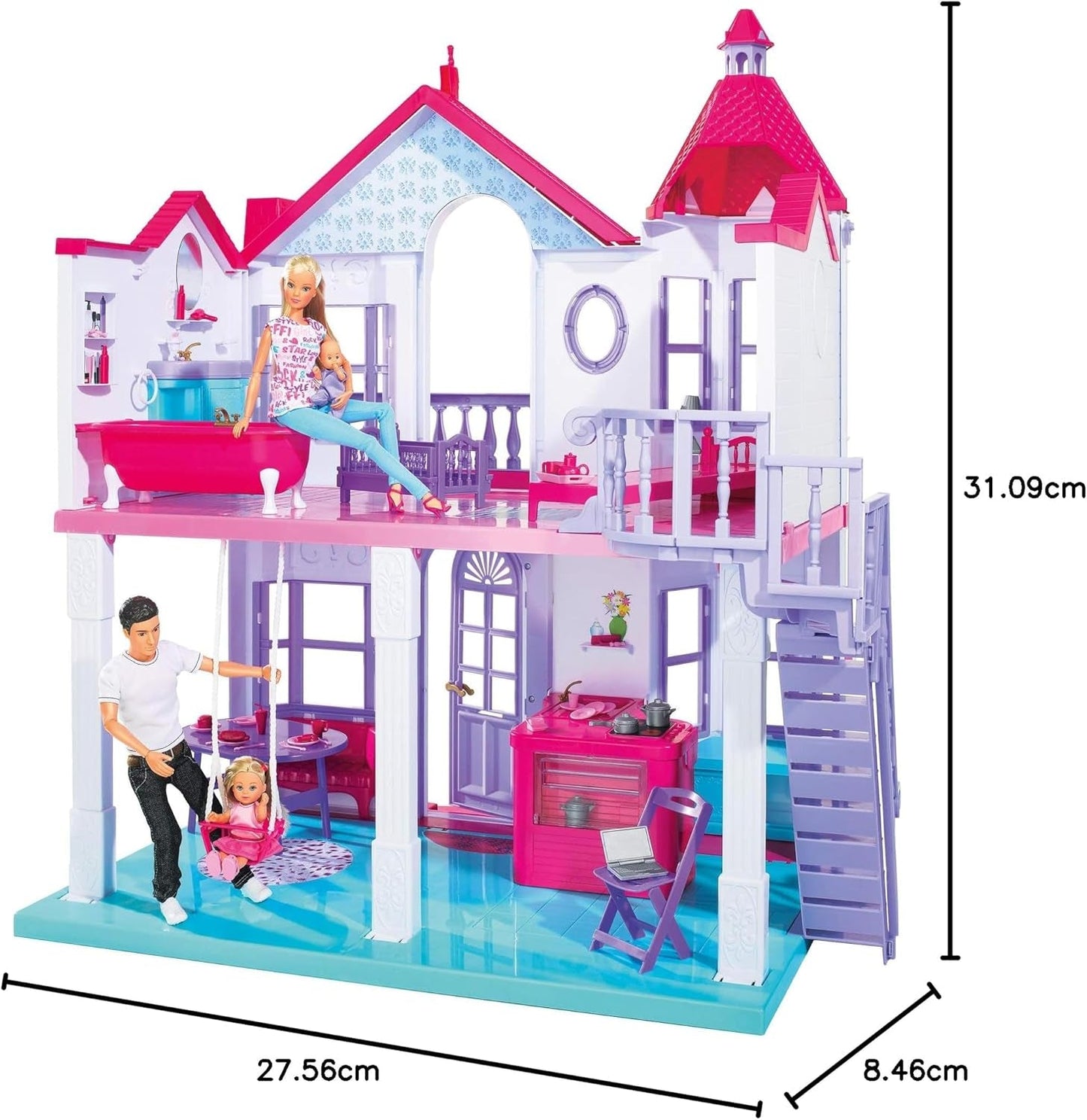 Simba 104661996 - Steffi Love Dreamhouse, grande casetta da gioco, 4 stanze, SENZA BURATTINI, altezza 84 cm, due livelli, campanello funzionale, casa delle bambole pieghevole Naty Shop