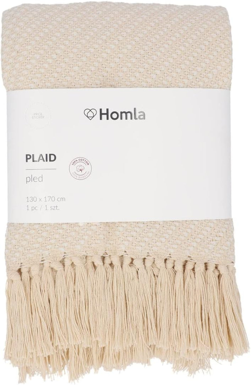 HOMLA Morris Plaid Coperta in cotone con frange - Coperta morbida e confortevole Coperta in cotone - tessuto pregiato 130 X 170 cm Ecru Letti e coperte Besuche den HOMLA-Store