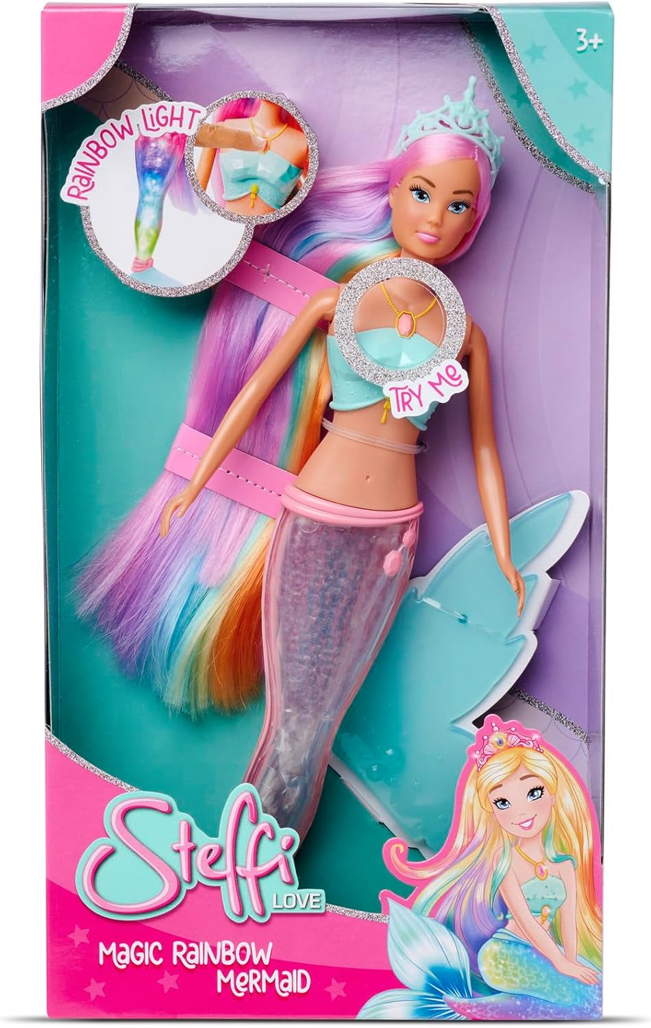 Steffi Love Magic Rainbow Sirena, Bambola Sirena con Funzione di Luce Magica Arcobaleno e Capelli Extra Lunghi, 39 cm, dai 3 Anni in su