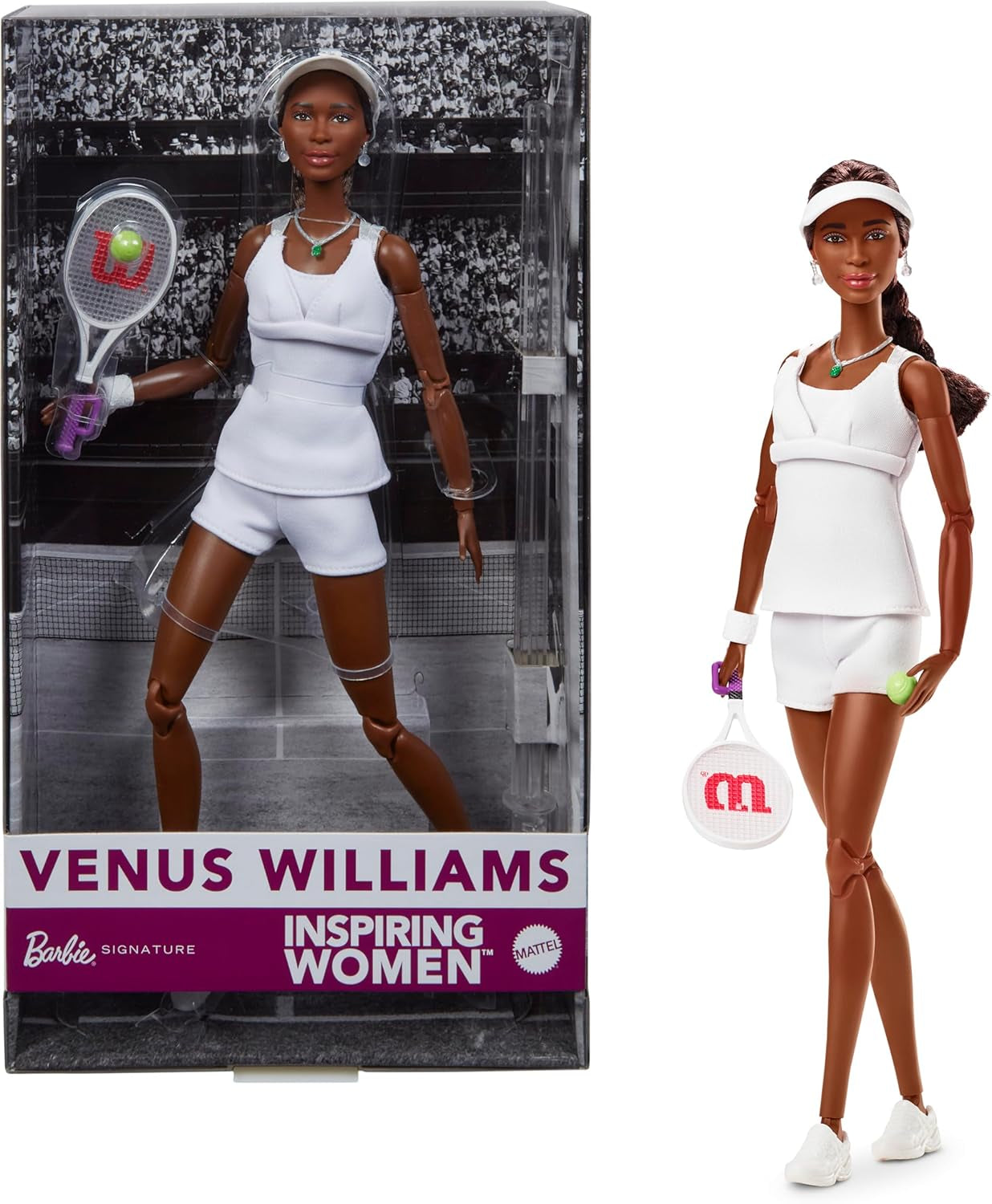 Barbie Inspiring Women Series Venus Williams Fashion Doll con uniforme autografata e racchetta da tennis inclusa scatola di presentazione HRM49