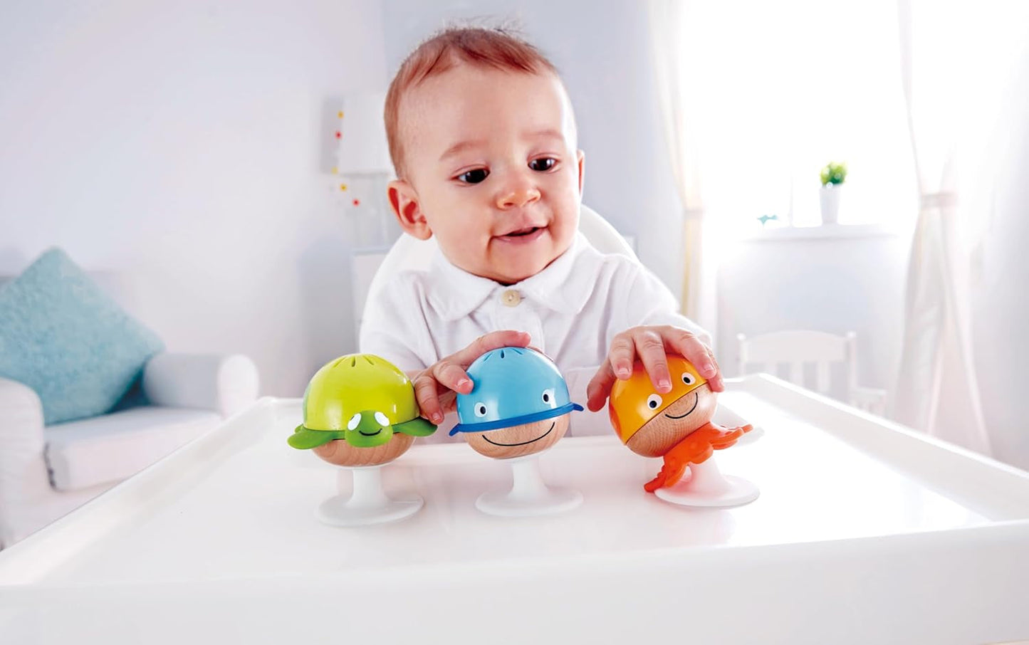 Set sonaglio con ventosa Hape | Tre animali con elementi di dentizione, tartaruga, polpo e balena | Giocattolo didattico da 0 mesi Bebe Toys Naty Shop