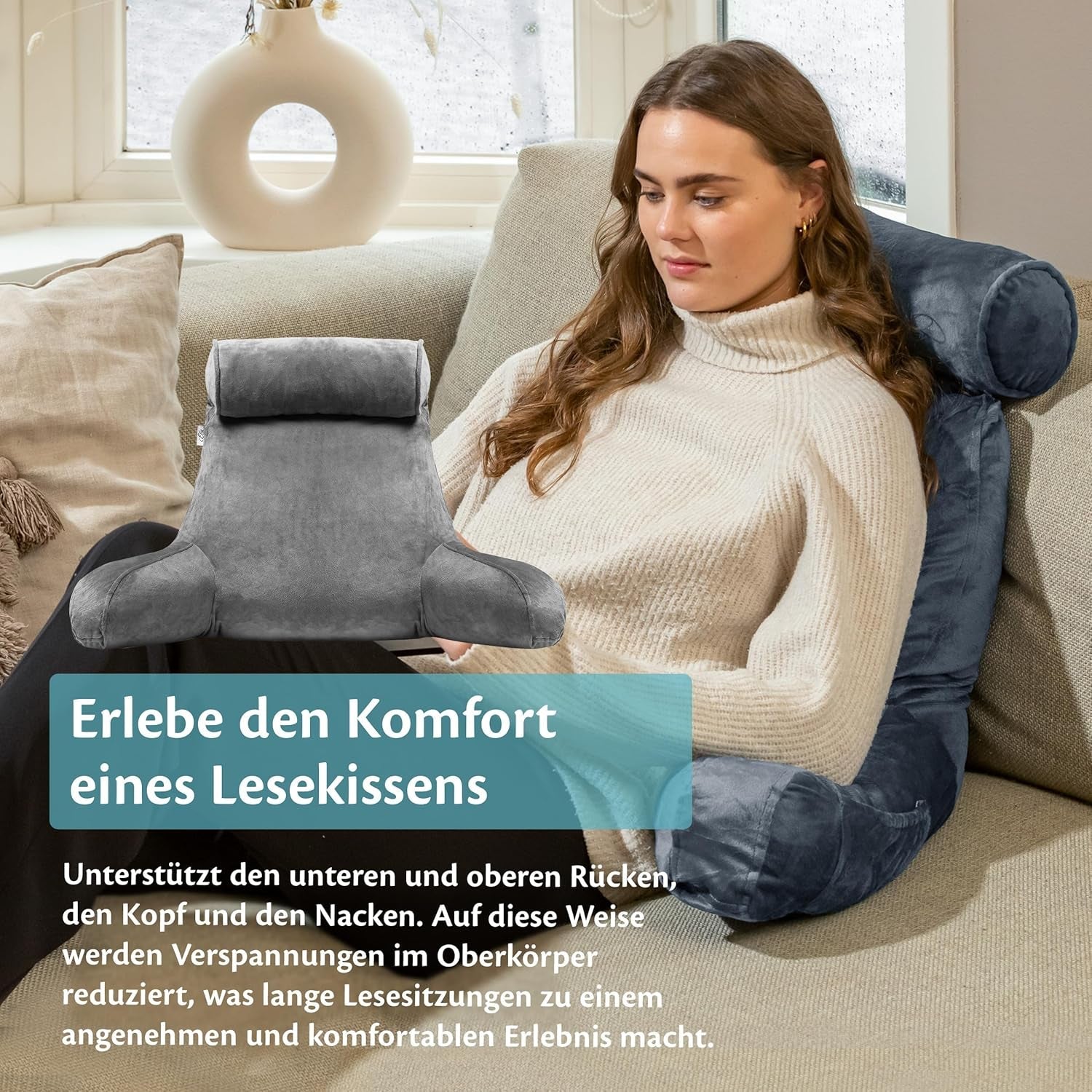 Ella Cuscino da Lettura per Letto e Divano con Rullo per Collo Rimovibile - Cuscino per la Schiena per Letto - Cuscino da Lettura in Memory Foam con Braccioli, Ideale per Leggere, Guardare la TV, Rilassarsi o come Supporto per la Schiena - Grigio