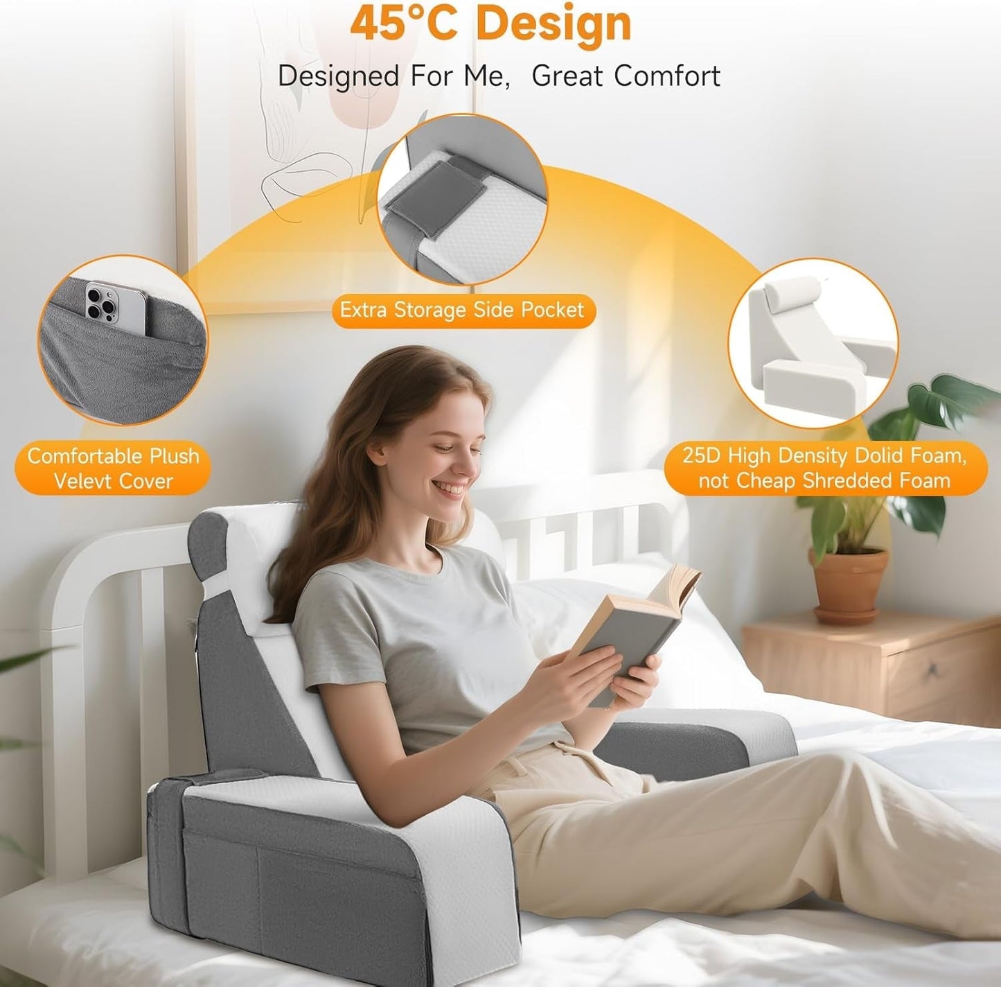 Ampio cuscino da lettura con supporto per collo e braccioli removibili, cuscino schienale per letto, cuscino schienale ergonomico con bracciolo, tasca e fodera lavabile per leggere e guardare la TV.