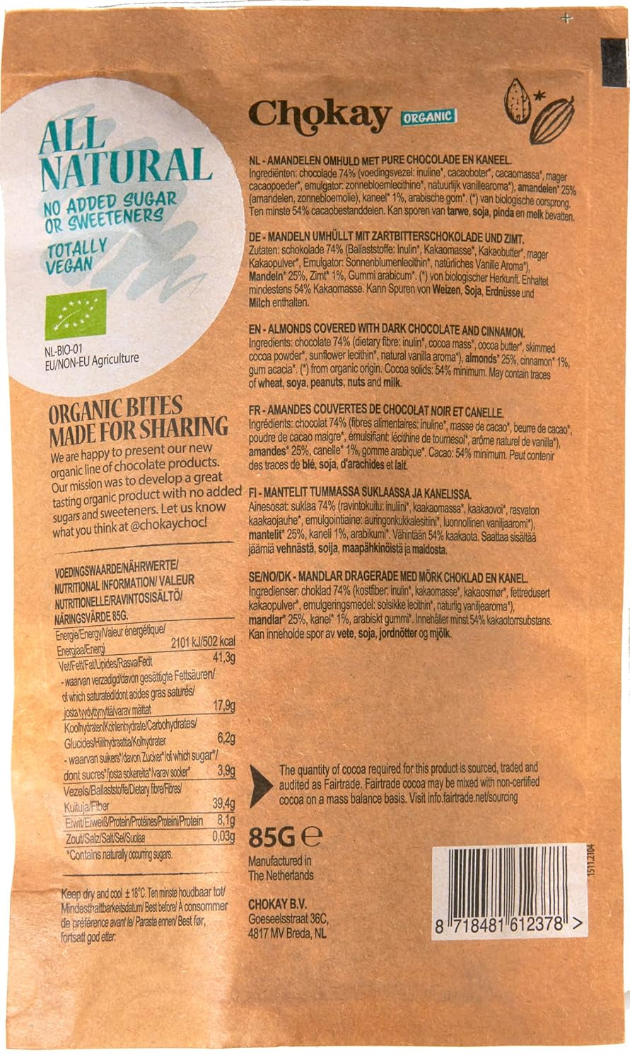 Bocconcini Biologici - Mandorle Alla Cannella e Mandorle Al Cioccolato Fondente Belga / Senza Zuccheri Aggiunti, Senza Dolcificanti / Vegano e Commercio Equo e Solidale / 1 x 85g