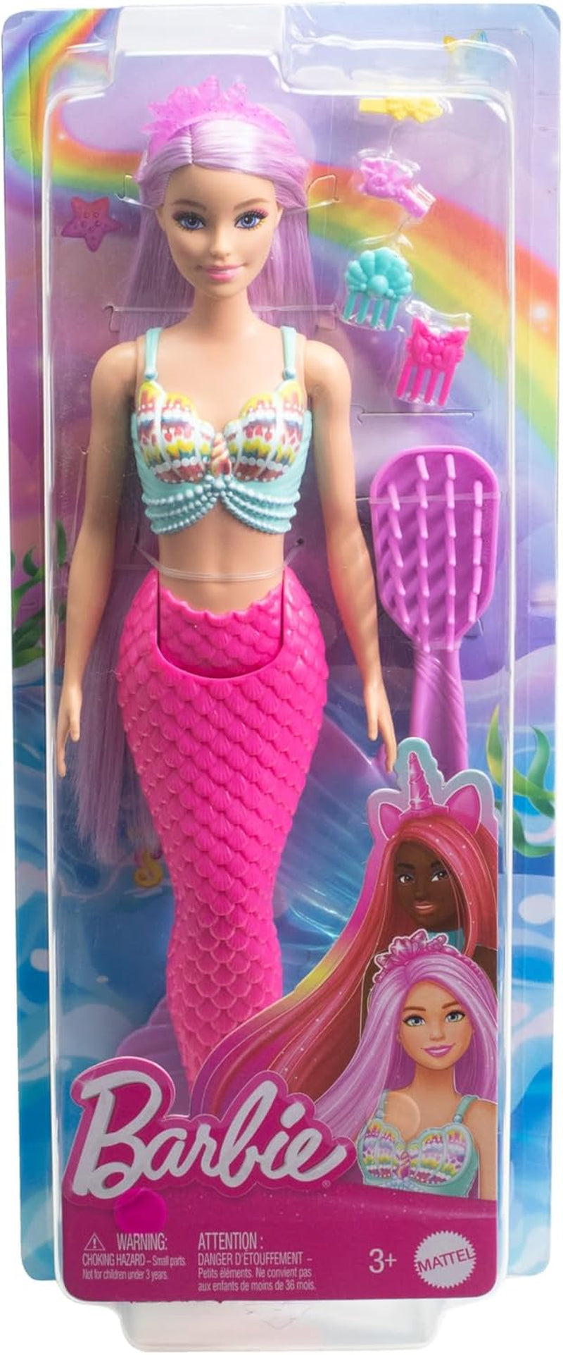 Bambola Barbie Sirena - con lunghi capelli rosa e accessori per lo styling personalizzati, tra cui spazzola, graziosa conchiglia e pinne rosa, dai 3 anni in su, HRR00 Naty Shop Dolls