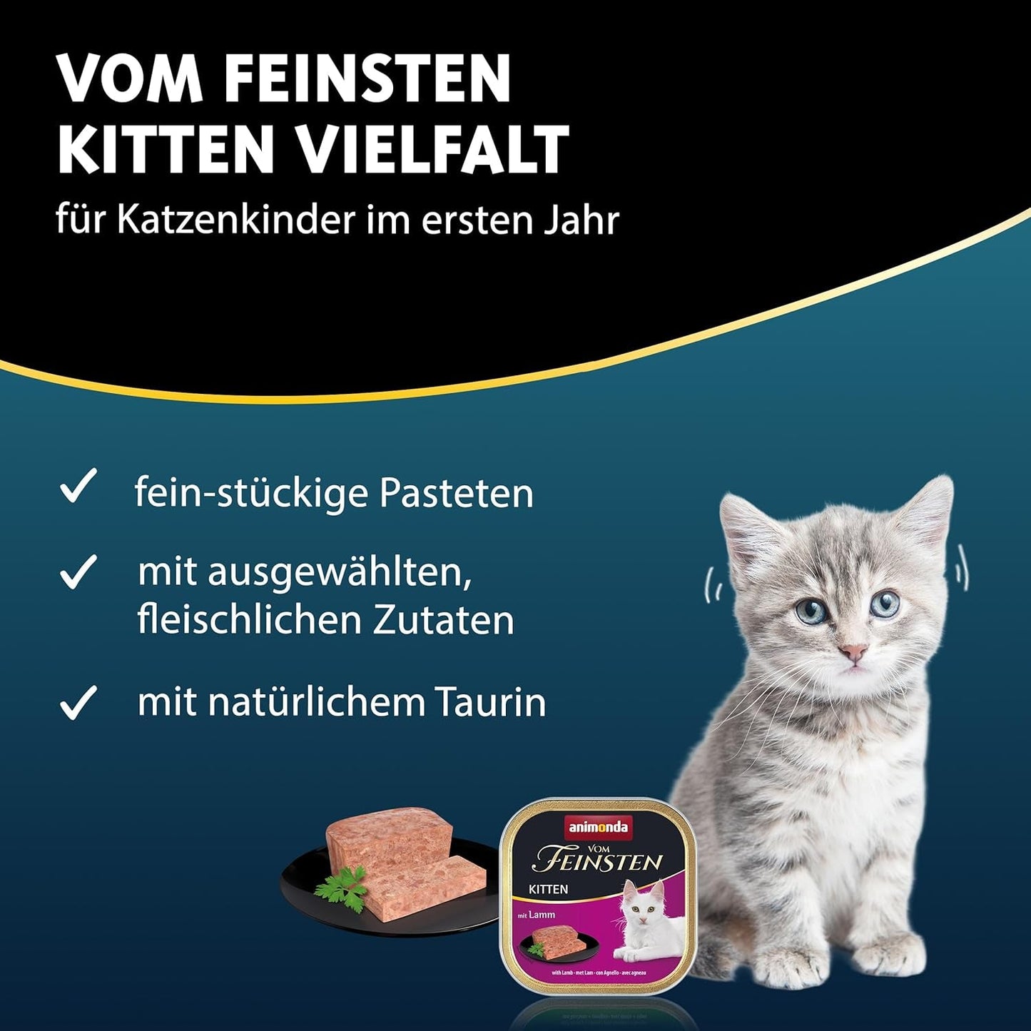 animonda Vom Feinsten Kitten Variety for Kittens (32 x 100g), alimento umido senza cereali e senza zucchero per gatti giovani con ingredienti freschi e carnosi al 100%.