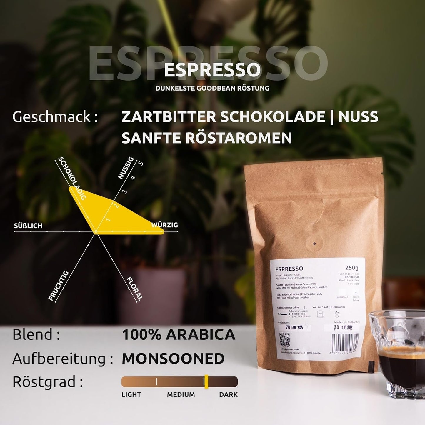ESPRESSO | Caffè in grani 500g - 100% Arabica | Appena tostato per preparare l'espresso | Caffè in grani interi | Gusto classico del caffè