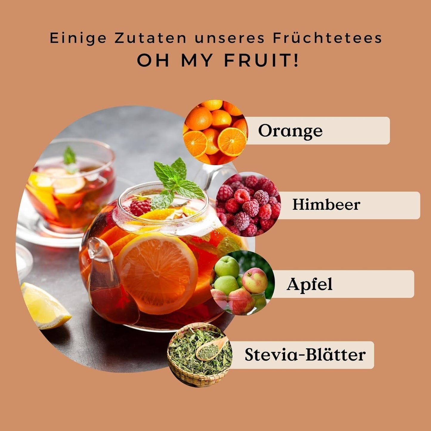 Oh My Fruit Tè alla frutta BIO 100 g (50 tazze) | Tè sfuso alla frutta con mele, ibisco, lamponi, arance e foglie di stevia REPLANTEA