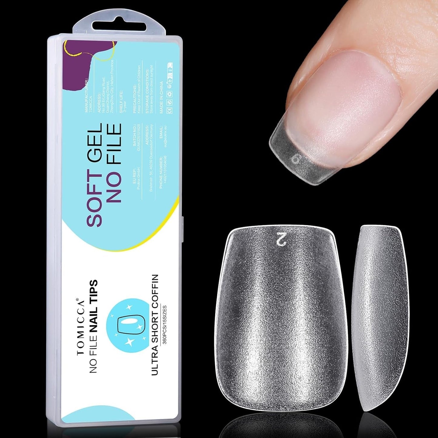 TOMICCA Coffin Tips Punte per unghie ultra corte - Punte per unghie, Punte in gel morbido, Copertura completa, Punte per unghie artificiali opache preformate, Punte per unghie in gel - 360 pezzi, 15 dimensioni