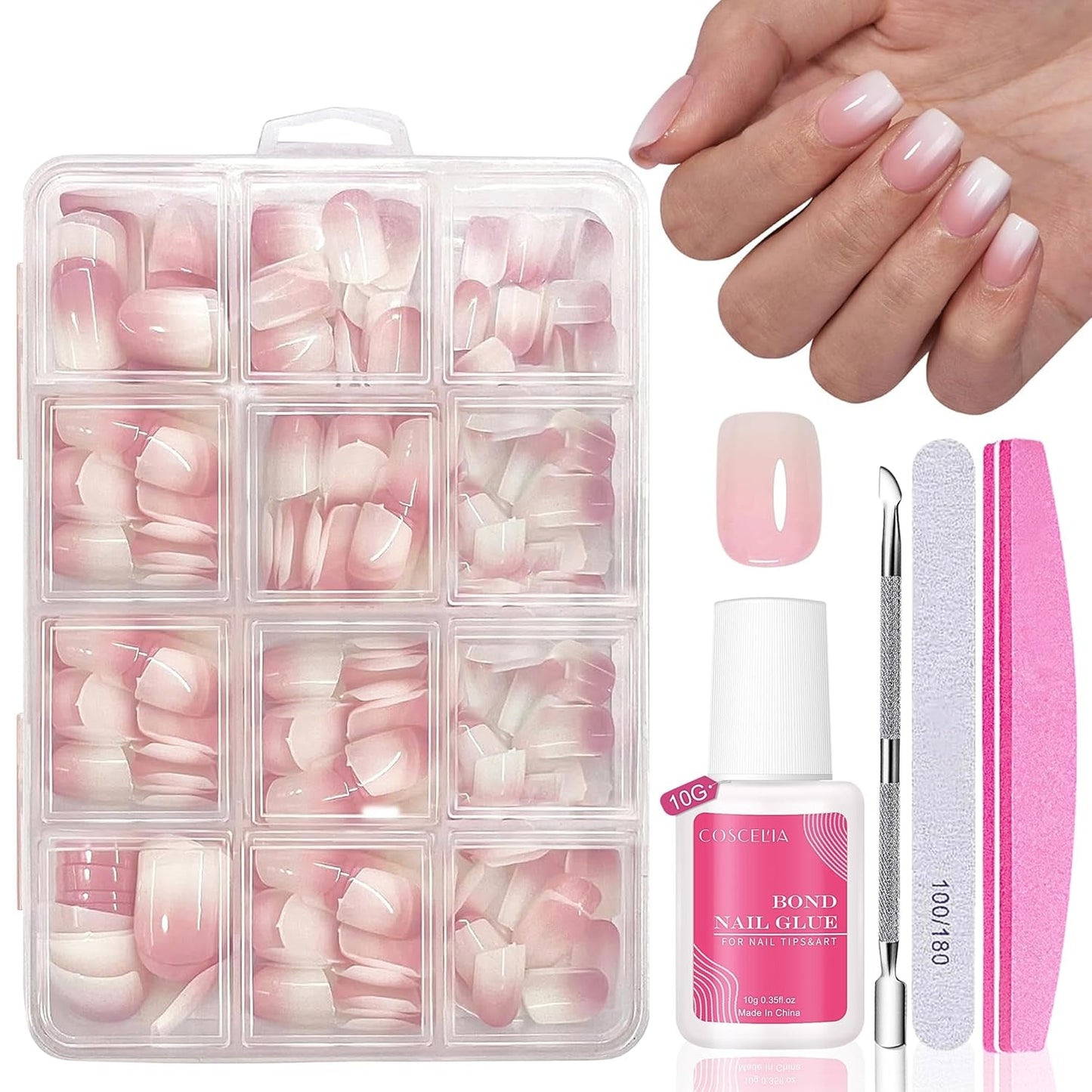 Set Unghie Finte - 240 Pezzi Unghie Finte French Colla - Unghie Finte Con Design Rosa Bianco Sfumato, Copertura Completa, Gel Morbido, Naturale e Comodo Da Indossare (Rosa Mandorla)
