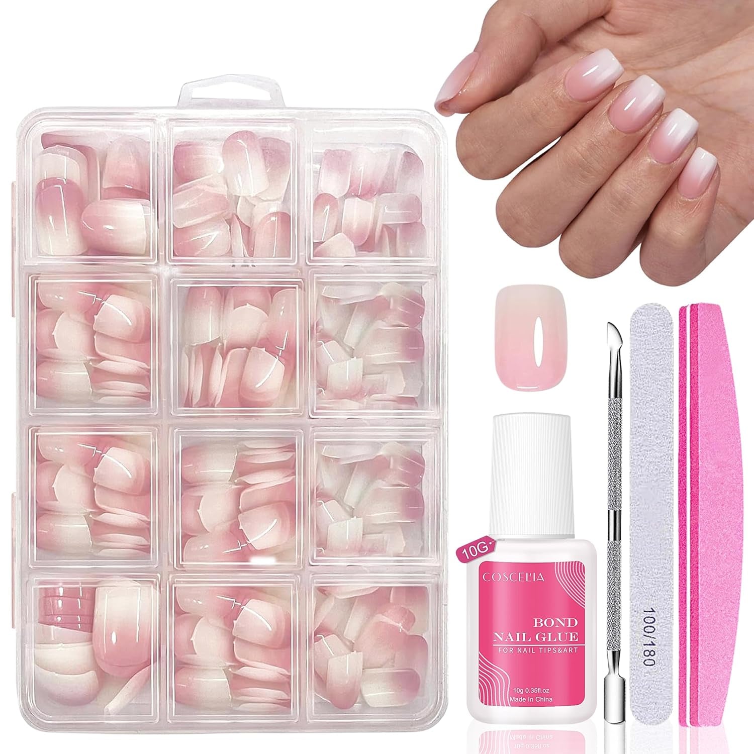 Set Unghie Finte - 240 Pezzi Unghie Finte French Colla - Unghie Finte Con Design Rosa Bianco Sfumato, Copertura Completa, Gel Morbido, Naturale e Comodo Da Indossare (Rosa Mandorla)
