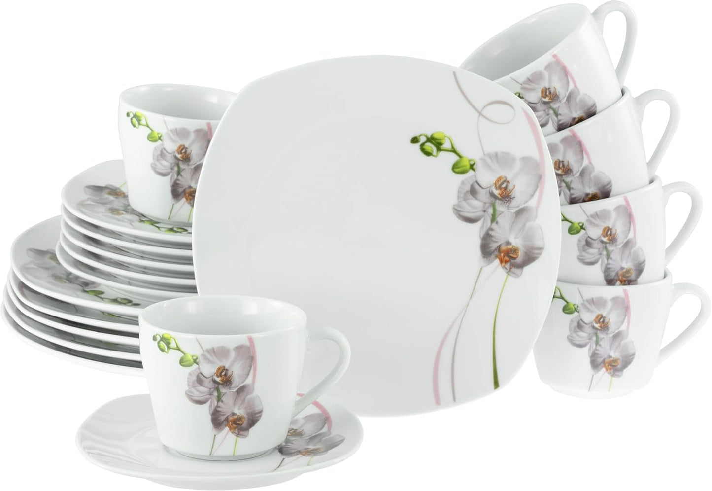 CreaTable, 24024, serie Square Orchid, set di stoviglie da 18 pezzi per 6, servizio da caffè in porcellana, lavabile in lavastoviglie e adatto al microonde, produzione di qualità