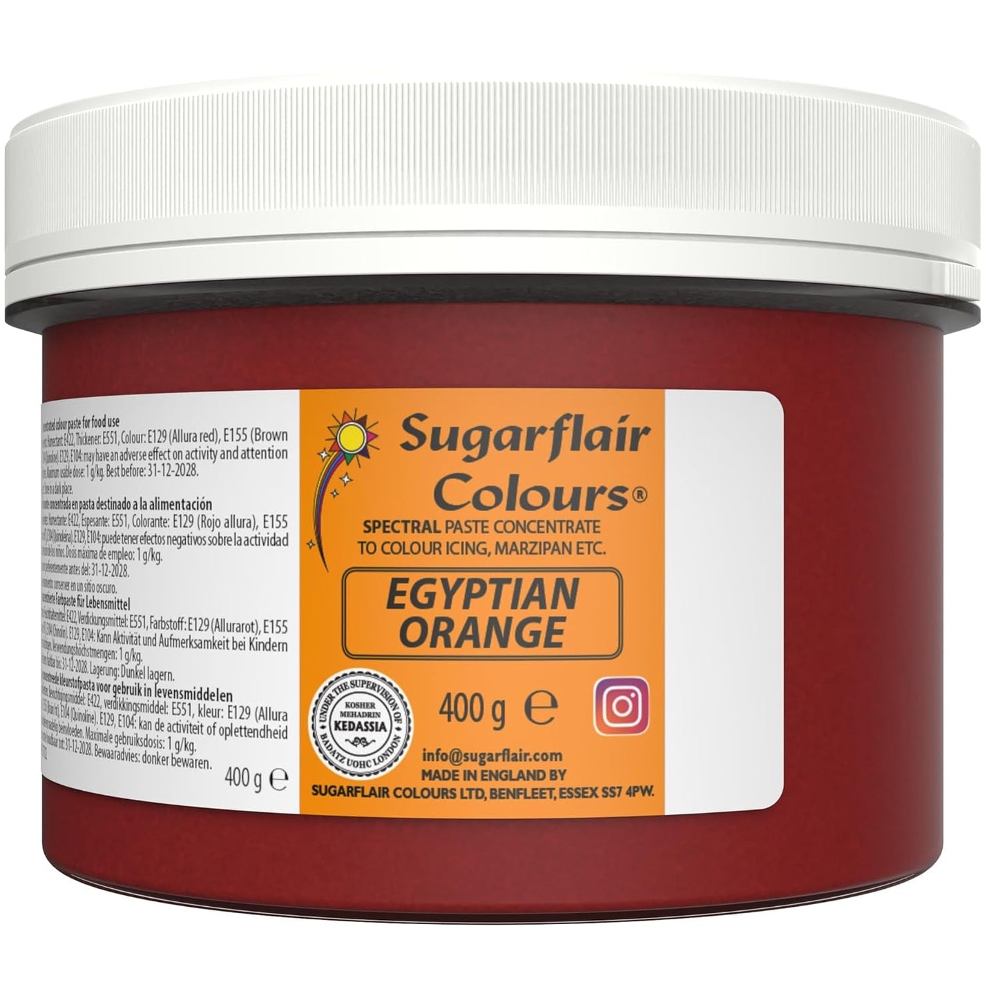 Sugarflair Colorante Alimentare per Pasta, Arancia Egiziana, Colorante Alimentare per Pasta, Fondente e Marzapane, Colori Concentrati Spettrali - 400g