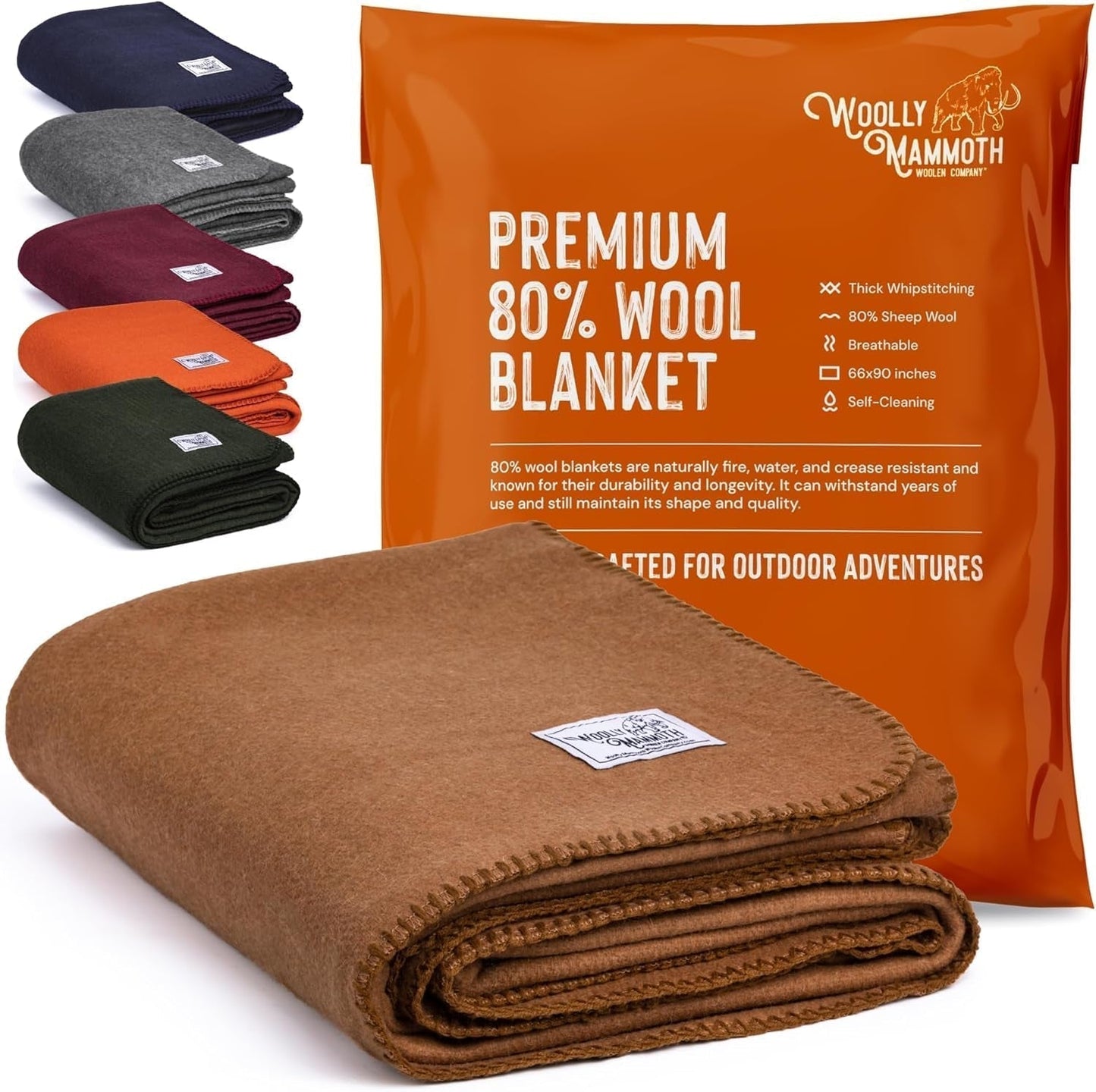 Coperta da campeggio Woolly Mammoth Woolen Co., extra large, lana merino, L'attrezzatura esterna perfetta per bushcraft, campeggio, trekking, escursionismo, sopravvivenza o coperta da cabina. Marrone, 168 X 228 Letti e coperte Woolly Mammoth Woollen Company Marrone 66" X 90"