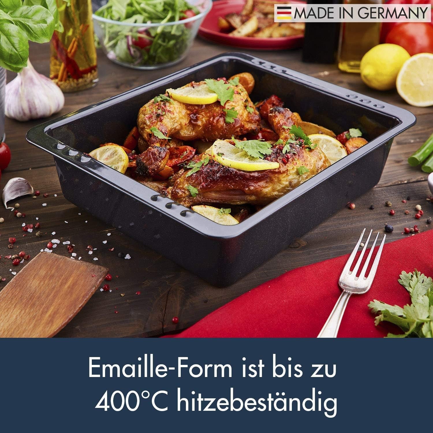 Chg SET 341-46-60 Extra Tiefe Ofenform (7.0 Cm) "Emaille" Mit Profi-Pfannenwender", Schwarz Gesprenkelt Stampi e teglie per dolci Naty Shop