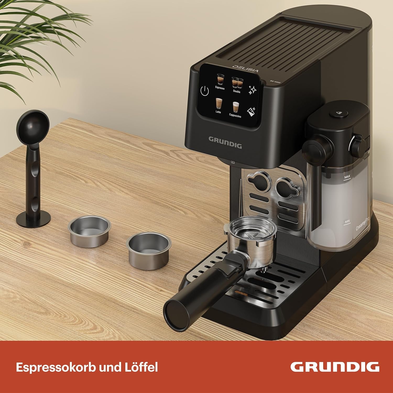 Macchina per caffè espresso portafiltro GRUNDIG KSM 5330 con contenitore del latte integrato, potenza 1628 W, pressione della pompa 15 bar, doppio ugello, display touch a colori, BrewSense, CreamyPro, Acciaio inossidabile scuro/Nero