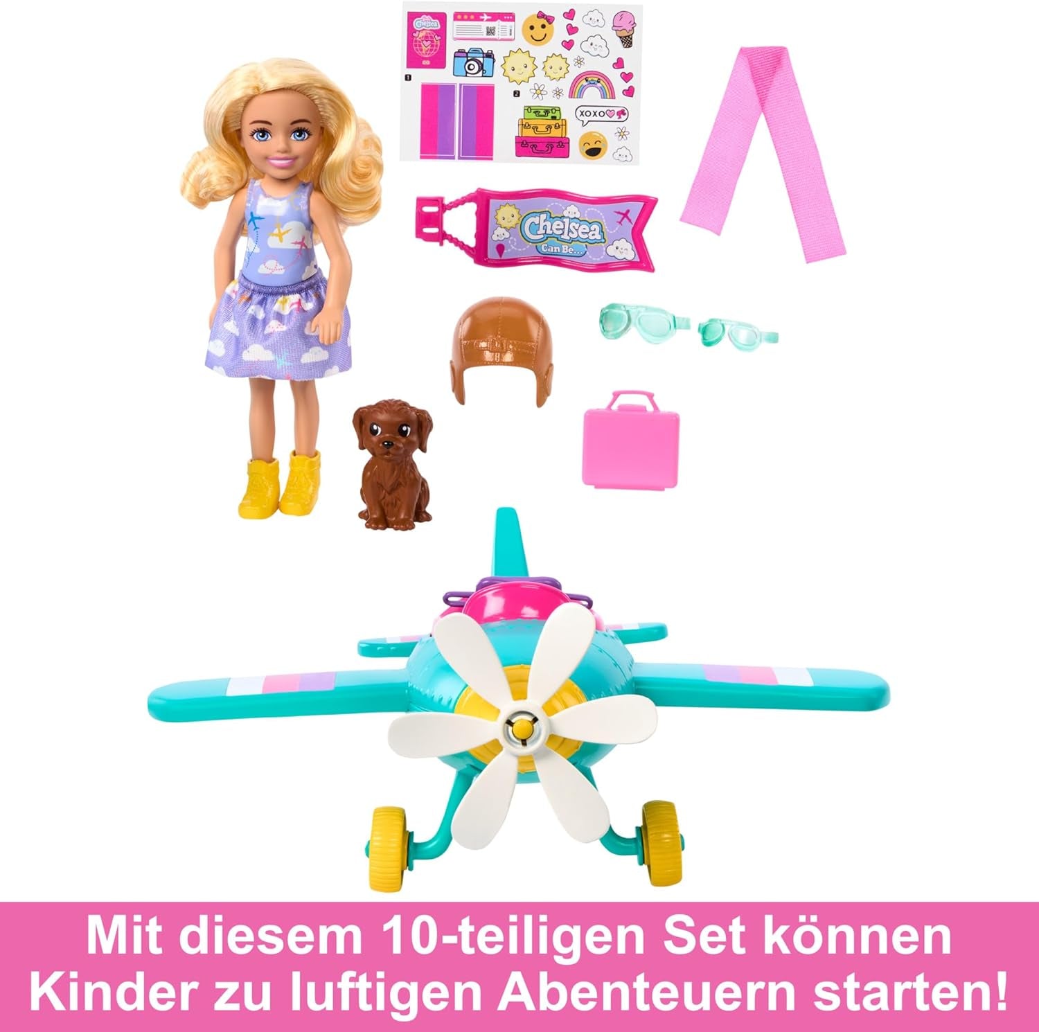 Barbie Chelsea Aereo Bambola e Playset - Bambola Pilota, Aereo, Maniglia e Accessori per Storia, Ruote ed Eliche con Gamba a Fiore, Età 3+, HTK38 Naty Shop Dolls