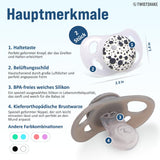 Ciucci per bambini Twistshake – Confezione da 2 | Forma ortodontica | Ultraleggero | Tettarella in morbido silicone | Senza BPA | Adatto a bambini dai 6 mesi | Grigio-bianco