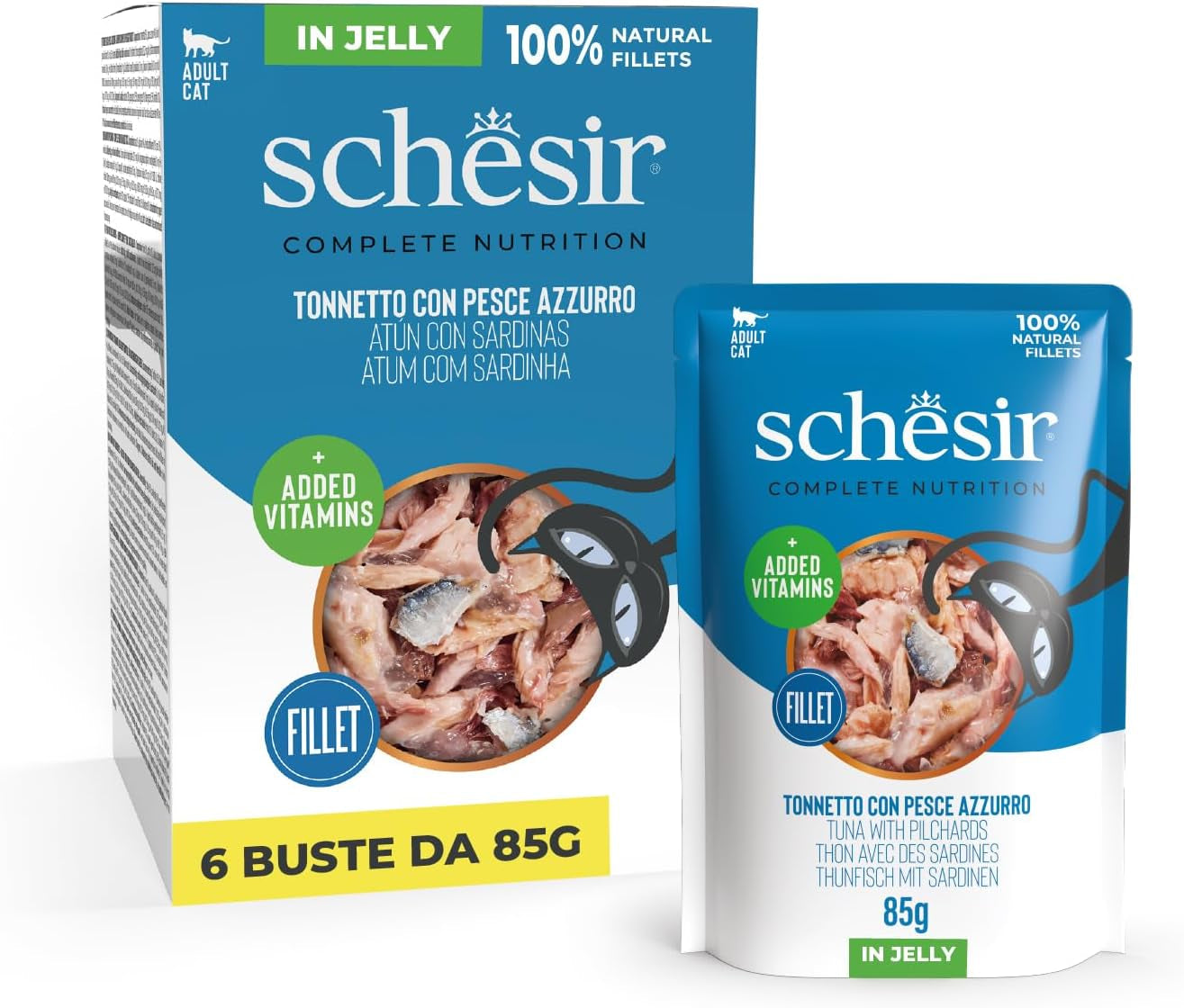 , Tonno con pesce azzurro in gelatina, alimento umido completo per gatti, in busta, con aggiunta di vitamine, 100% naturale, 6 x 85 g