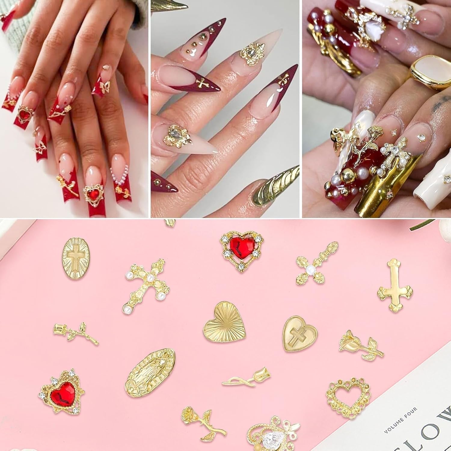 Ciondoli per unghie dorati 80 pezzi Croce rosa cuore Vergine Maria Gemme per unghie Lega di metallo Accessori per unghie per decorazioni di design per manicure Artigianato fai-da-te