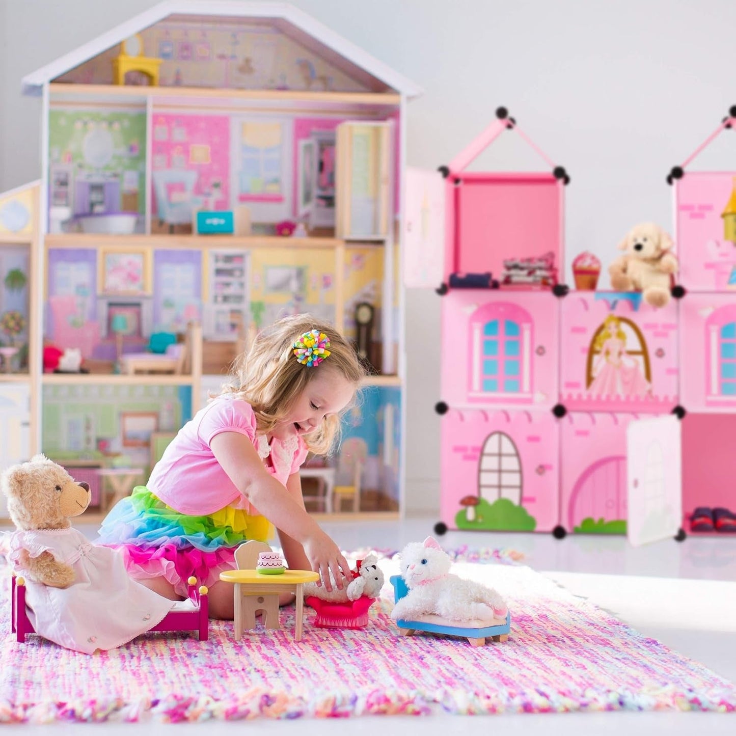 Scaffale modulare Relaxdays per la cameretta dei bambini, design castello principessa, plastica, armadio fai da te con ante, HL: 128 x 110 x 37 cm, rosa