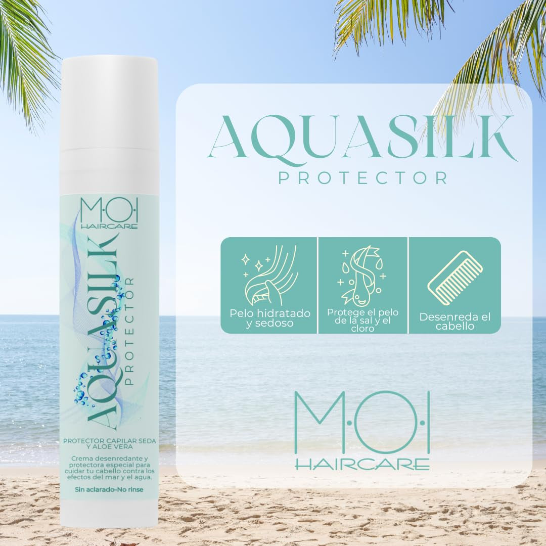 AQUA SILK Crema Capelli per l'Estate, Protegge i Capelli dal Mare e dal Cloro, Seta e Aloe Vera, M-O-I Haircare | Maschera per capelli Naty Shop da 100 ml
