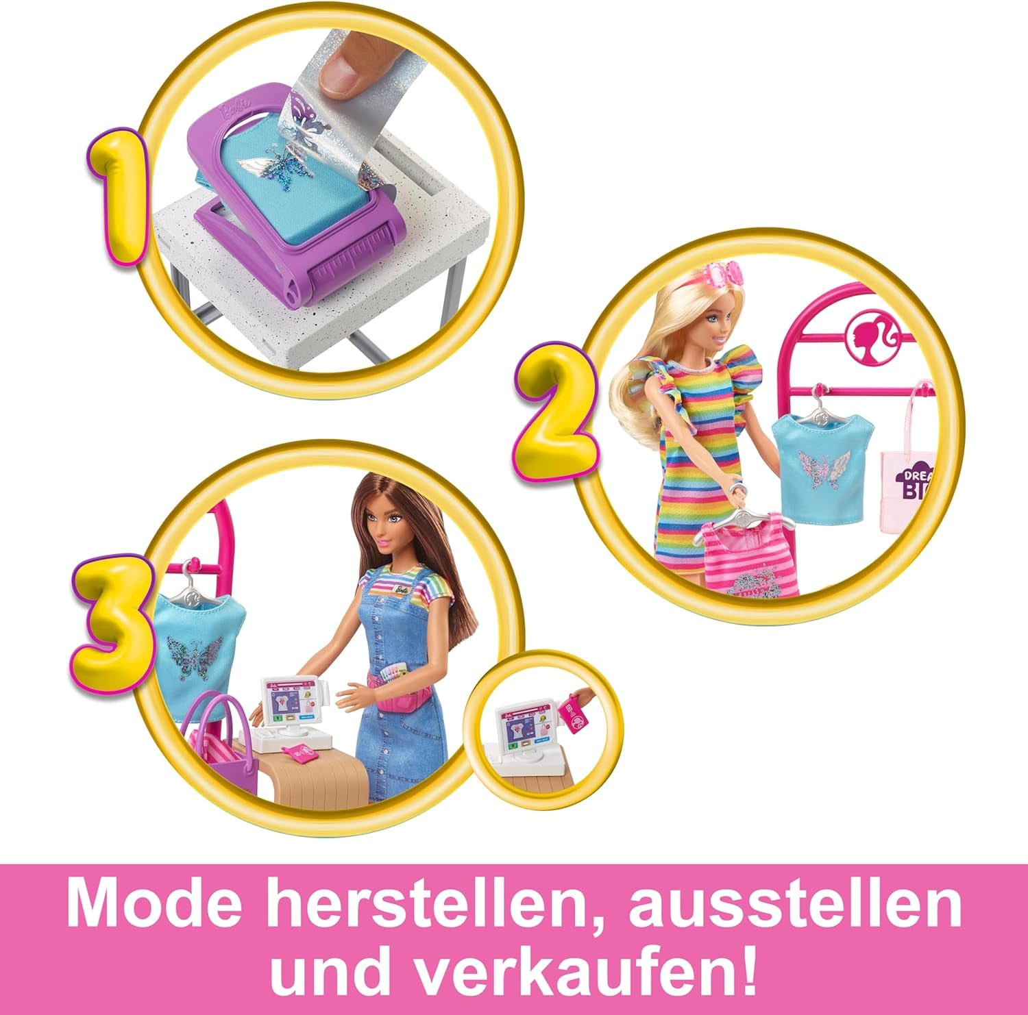 Barbie Fashion Boutique Playset - Bambola con motivi in ​​lamina, oltre 150 look originali, include 2 camicette e 5 fogli di lamina, appendiabiti e lettore di carte di credito, dai 3 anni in su, HKT78