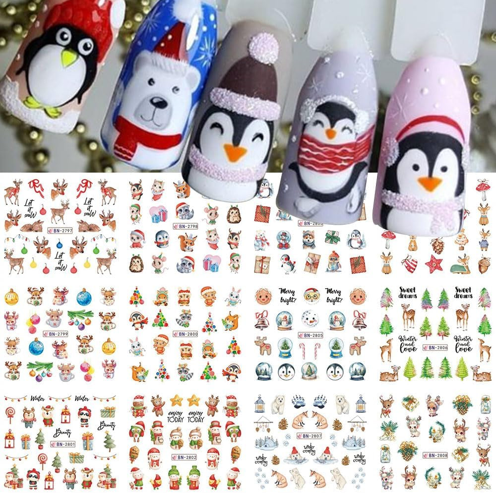 Adesivi per unghie natalizi 3D Trasferimento acqua autoadesivo Albero di Natale Fiocco di neve Alce Pinguino Nail art natalizia Disegni per unghie invernali Adesivi natalizi Accessori per unghie