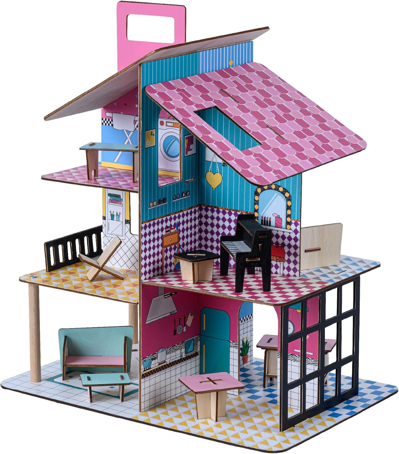Casa delle bambole in legno per bambini Olivia's Little World 360, bambole da 3,5 pollici e 12 accessori, multicolore TD-13260C