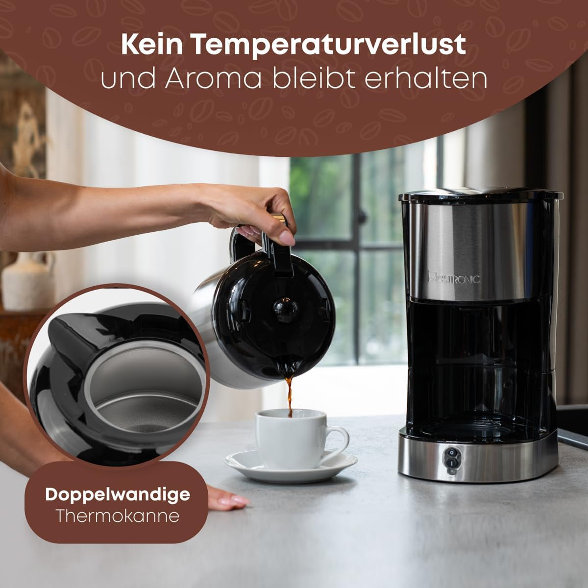 Caffettiera Clatronic® con caraffa thermos per 8–10 tazze di caffè (ca. 1,2 l) | Caffettiera con filtro in acciaio inox | Caraffa termica a doppia parete | Nessuna perdita di temperatura | Caffettiera 800 W | KA3805