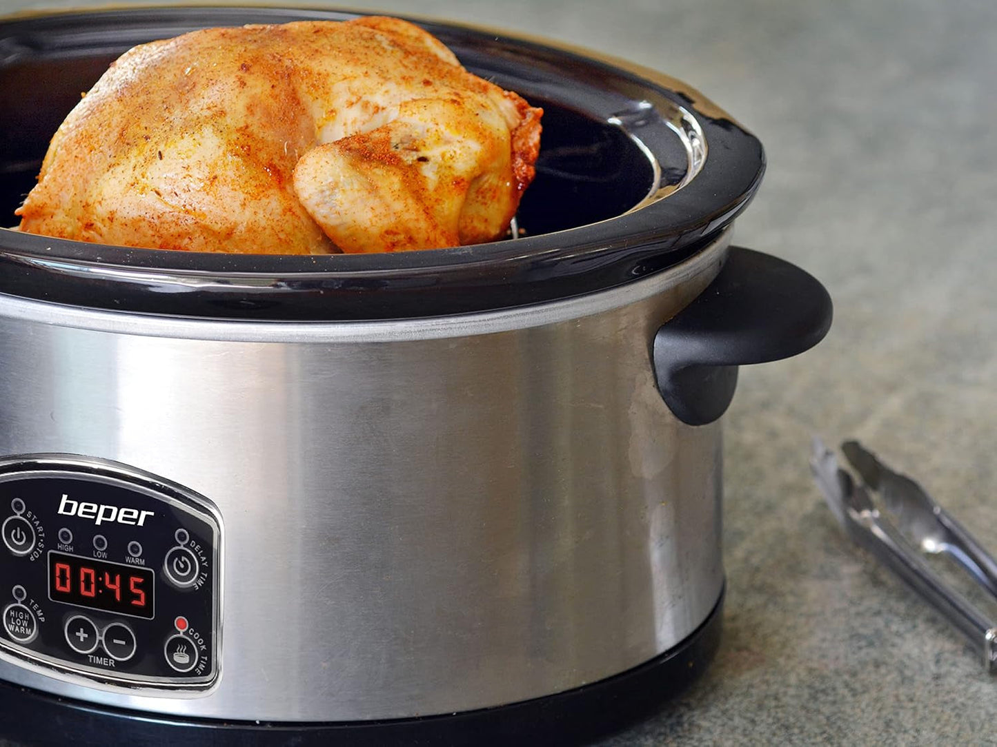 Beper BC.510 Slow Cooker, 280 W, 4,5 litri, vetro ceramico, nero e acciaio Slow Cooker Naty Shop